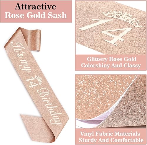 Miniatura 5 de Decoraciones de cumpleaños número 14 para niñas, incluyendo banda y tiara de cumpleaños 14, velas de cumpleaños de 14 y adornos para pasteles,