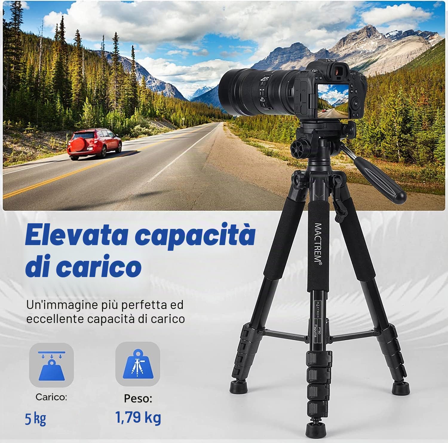 MACTREM 75 pollici treppiede per fotocamera per Sony Canon Nikon, leggero treppiede in alluminio per video da viaggio con supporto per telefono cellulare per iPad Phone