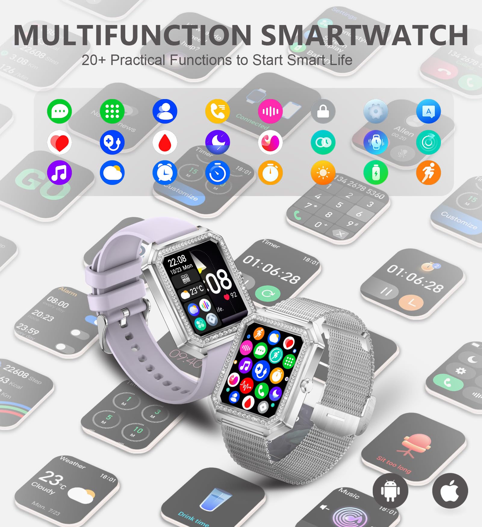 Iaret Reloj Inteligente Mujer con Llamada,1.59" Impermeable Diamante Smartwatch con Seguimiento Menstrual Pulsómetro SpO2 Monitor Sueño Presión Arterial Reloj Podómetro para Android iOS, Regalo Mujer