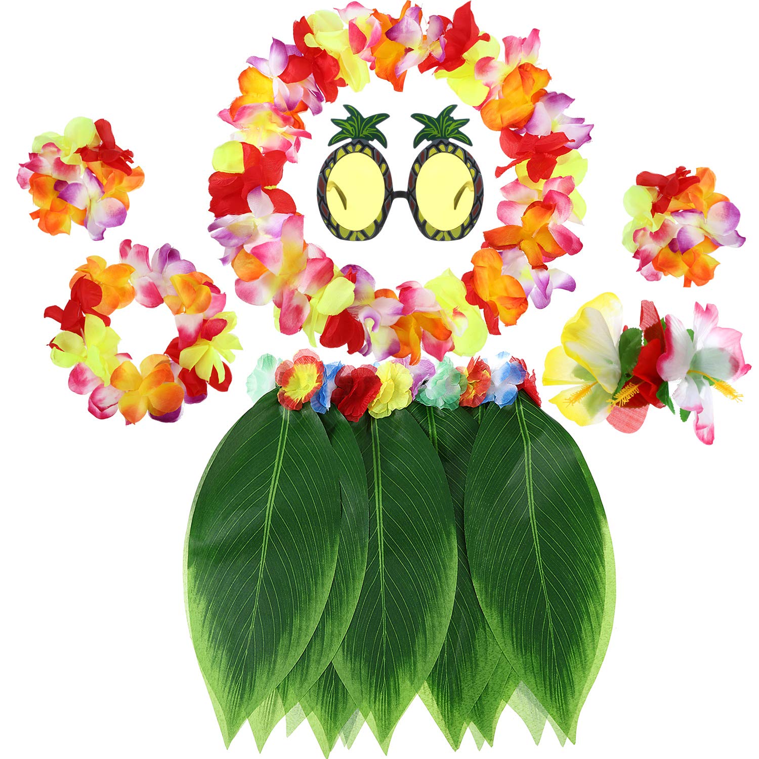 7 Pcs Luau Outfits Hawaiian Aloha Flower Leaf Grass Hula Skirt Leis Set Hairclip Sunglasses Garland for Tropical Party (Warm Orange Mix)