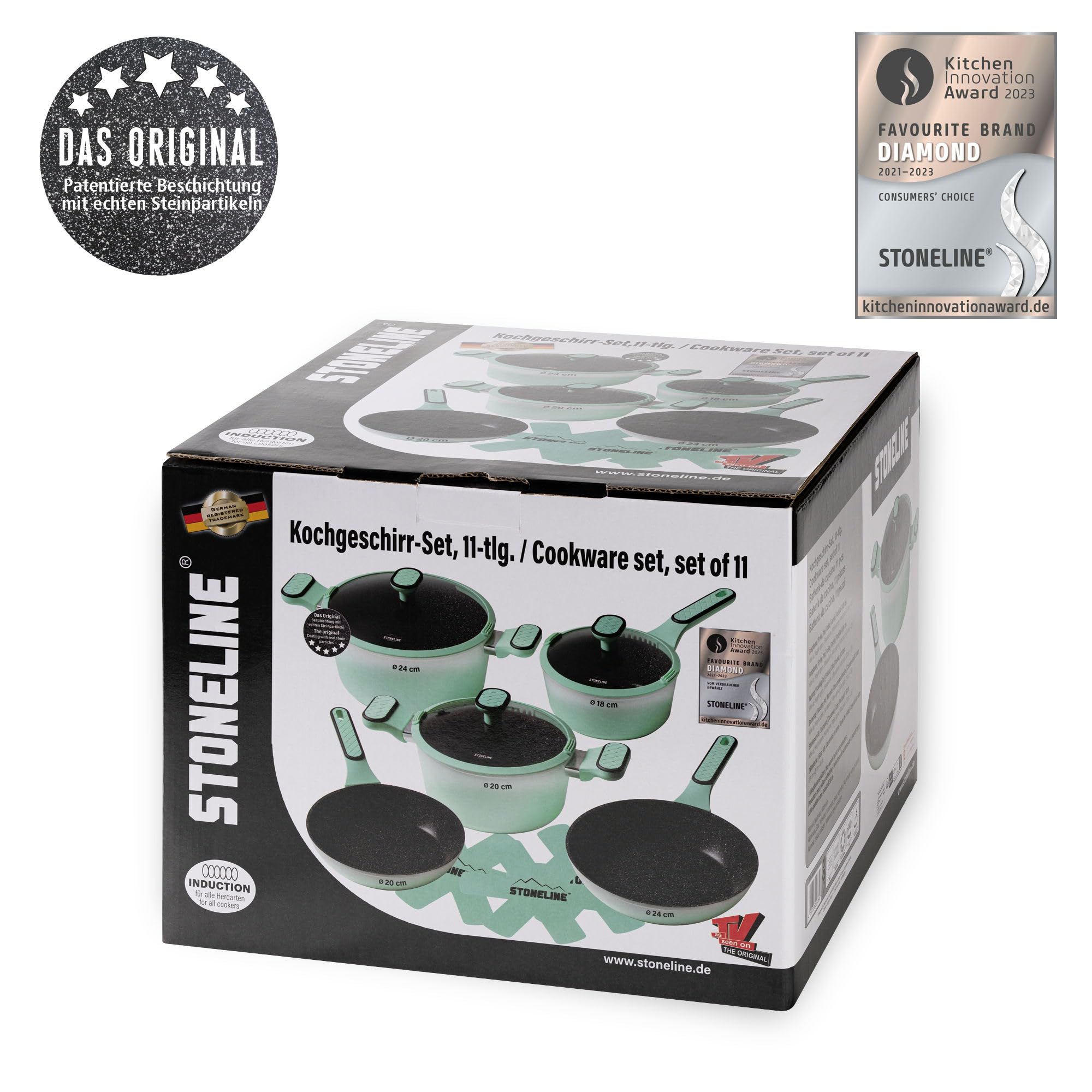STONELINE Kochgeschirr Set 11-teilig 18/20/24 cm Set Pfannen und Töpfe mit Deckel, Topfset Pfanne Induktion Antihaft Beschichtet mit echten Steinpartikeln, Alle Herdarten, Farbe: Mint