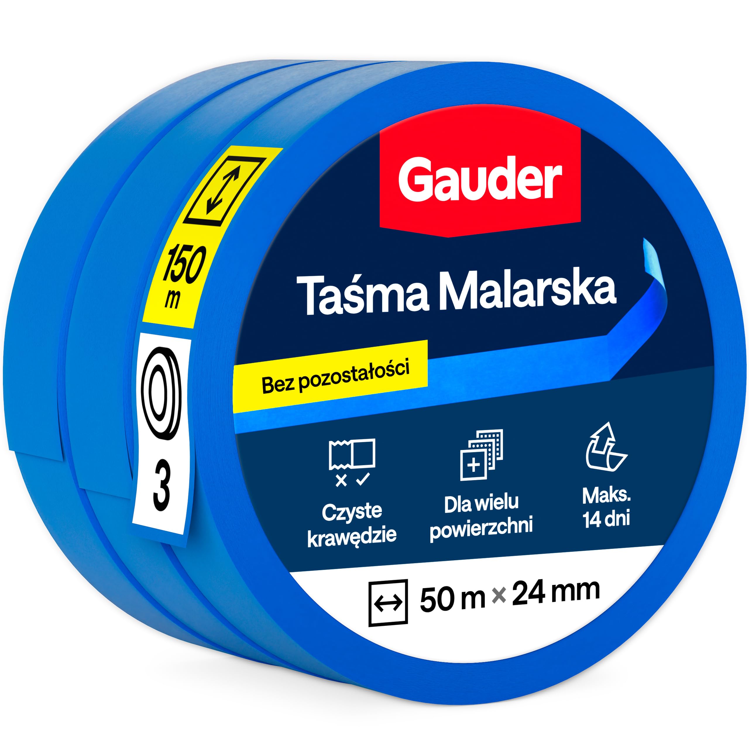 GAUDER Taśma Maskująca do Malowania - Ochronna Taśma Washi do Remontu, Dekoracji i Projektów DIY - Łatwe Usuwanie bez Pozostałości (3 Rolki - 24 mm x 50 m)
