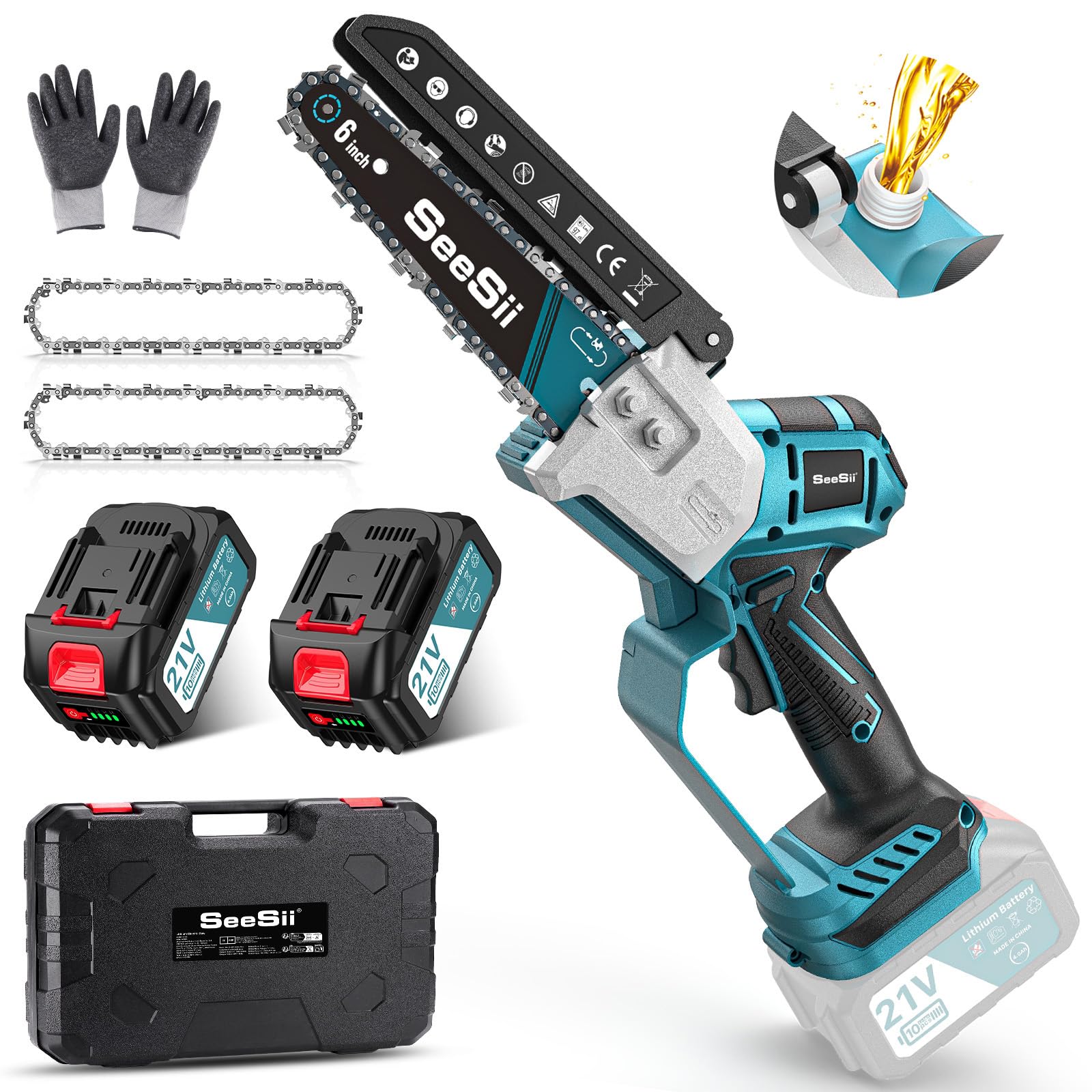 SEESII 6 Inch Cordless Chainsaw, Mini Chainsaw Brushless with 2 x 4000 mAh Batteries, Automatic Lubrication, Ideal for Outdoor and Gardening