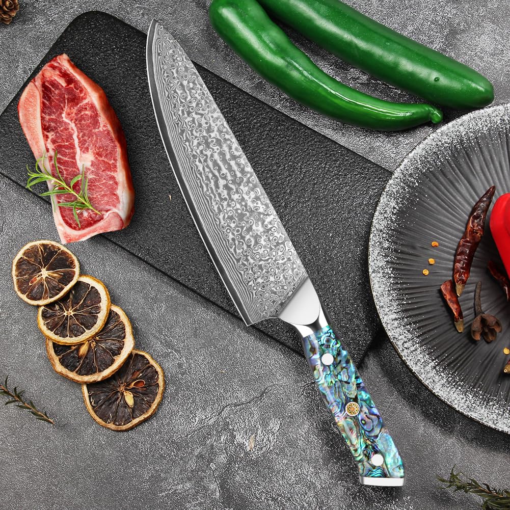 Home Safety Coltello Damasco da Chef con Lama Estremamente Affilata da 20 cm in 67 Strati di Acciaio Damasco VG-10 Coltello da Cucina Damasco da Carne, Manico in Abalone, Confezione Regalo