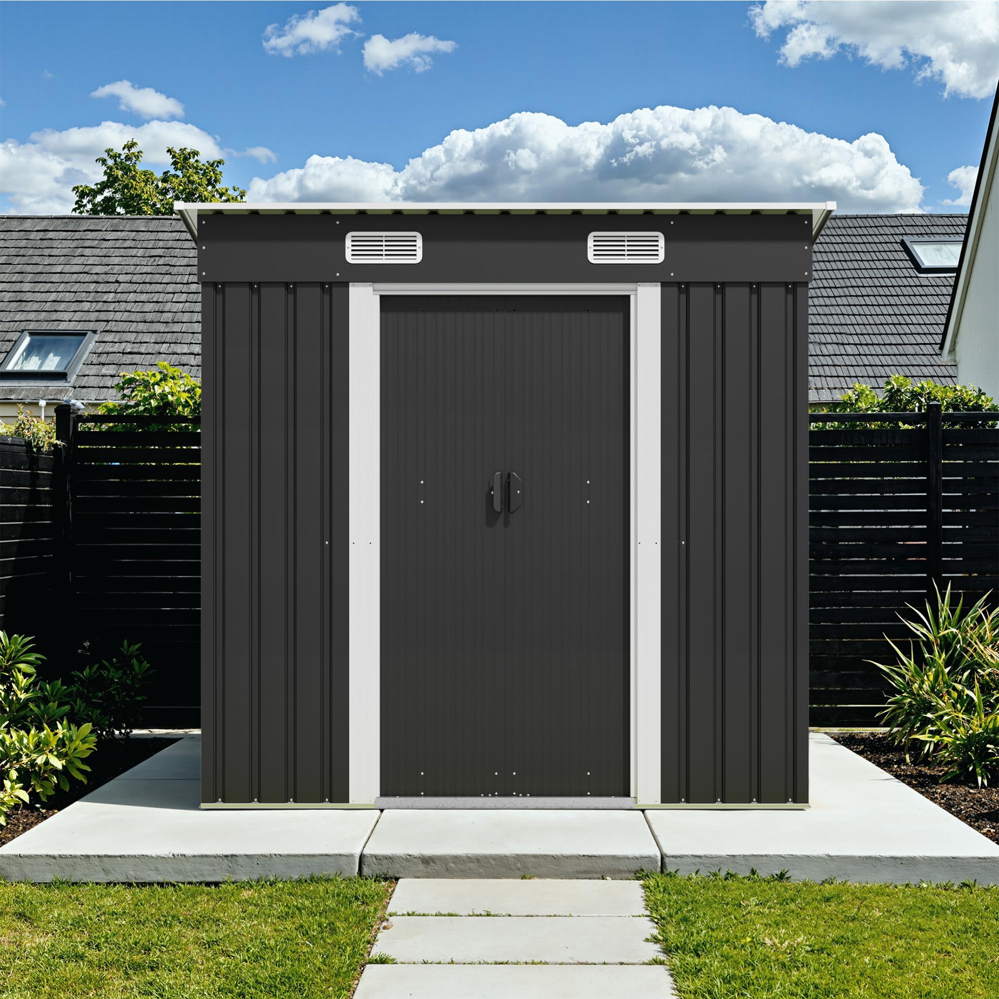 TRIUMPHKEY Abri de Jardin en métal 183x109x182cm avec Fondation 3,6m³ Abri de Jardin avec Toit en appentis et 2 Portes coulissantes, Anthracite, Garage à vélos, Résistant aux intempéries pour Outils