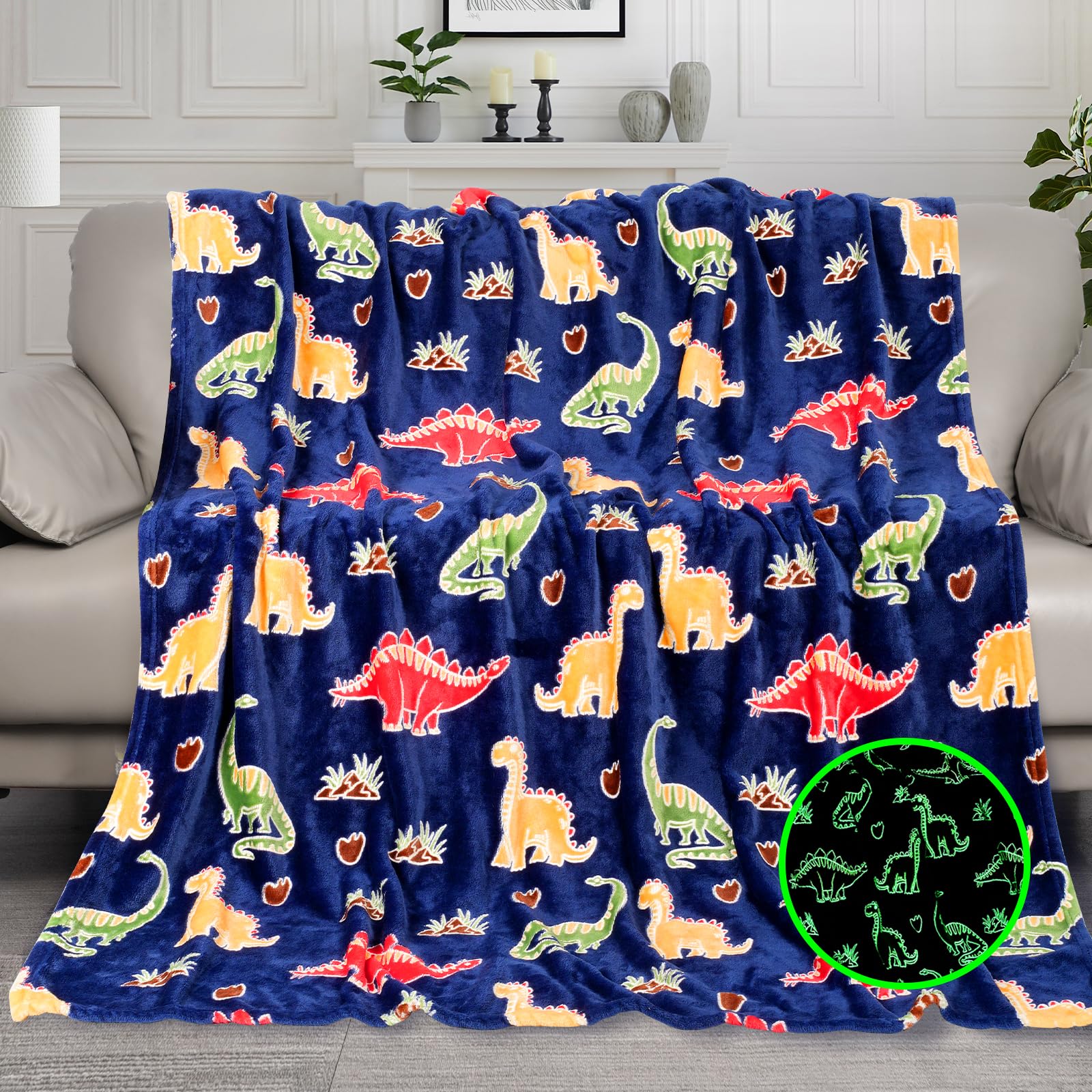 KIRMIKU Glow in The Dark Blanket for Boys, Dinosaur Blanket Gifts for Kids, Throw Blanket for Home Decor, Soft Warm Toys Birthday Gifts for Teens Men Boyfriend 50