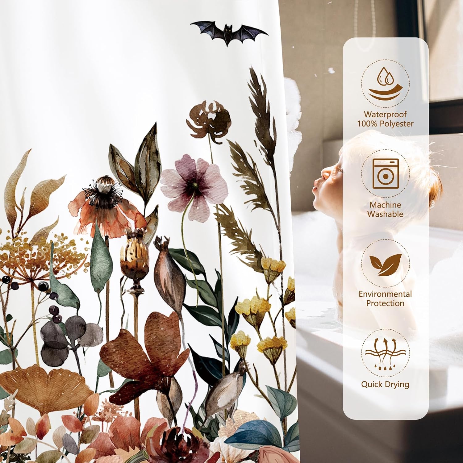 MEHOFOND Halloween Shower Curtain Watercolor Wildflowers Bathroom Decor