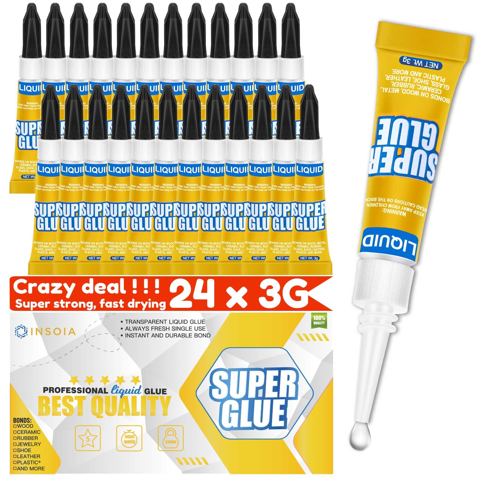Super Glue Liquid Clear, 24 X 3g All Purpose Strong Adhesive Ca Glue Cyanoacrylate Quick Dry Instant Glue for Plastic, Metal, Ceramic, Shoe, Wood,