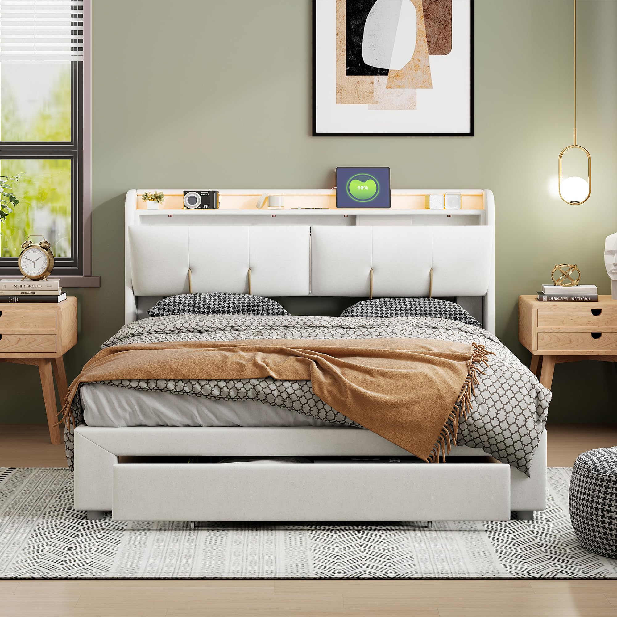 Letto imbottito idraulico 160 x 200 cm, letto matrimoniale con USB e illuminazione a LED, con rete a doghe e testiera del letto, velluto, beige bianco