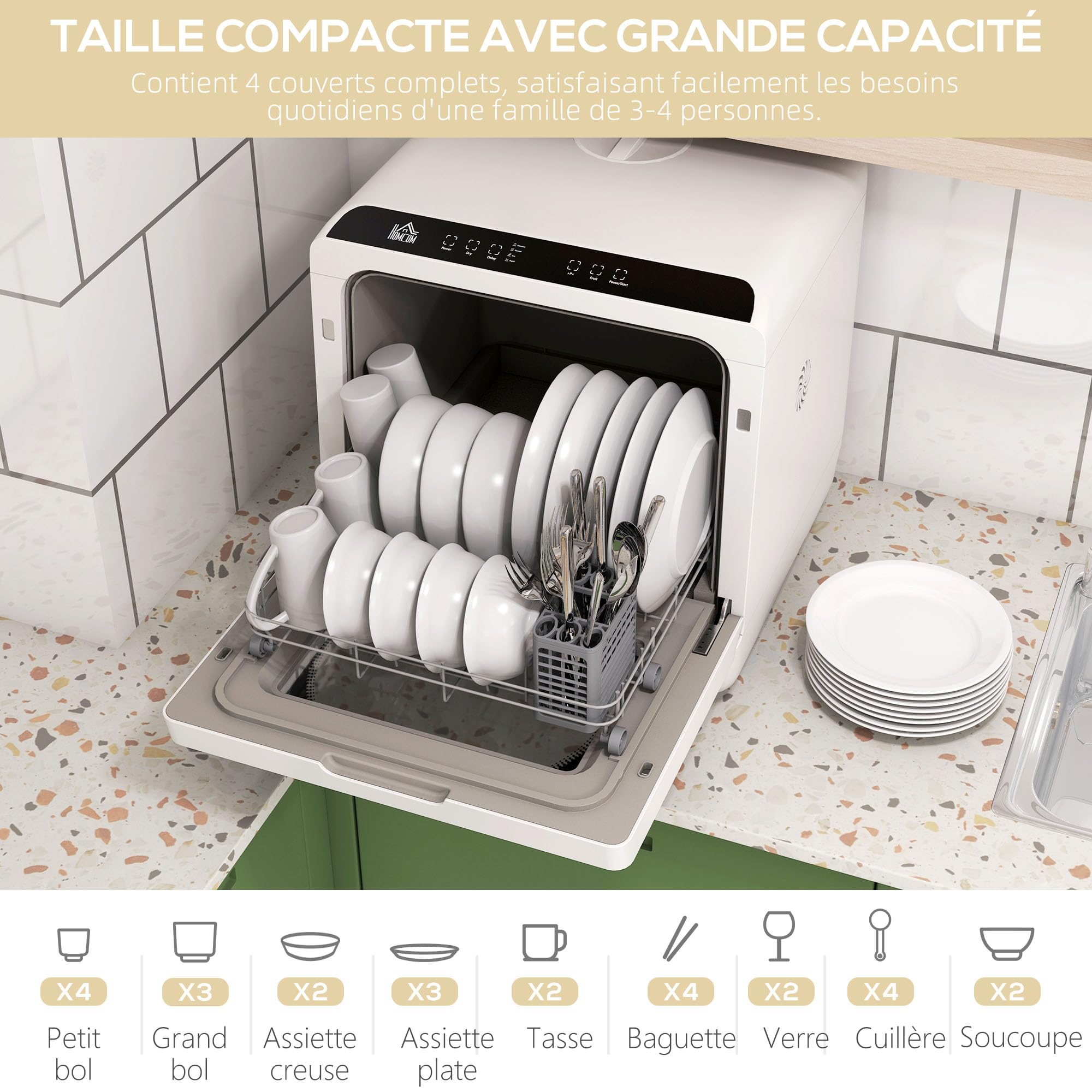 HOMCOM Mini lave-vaisselle 4 couverts, table 5 programmes, double alimentation eau, réservoir 6L, commande tactile, noir
