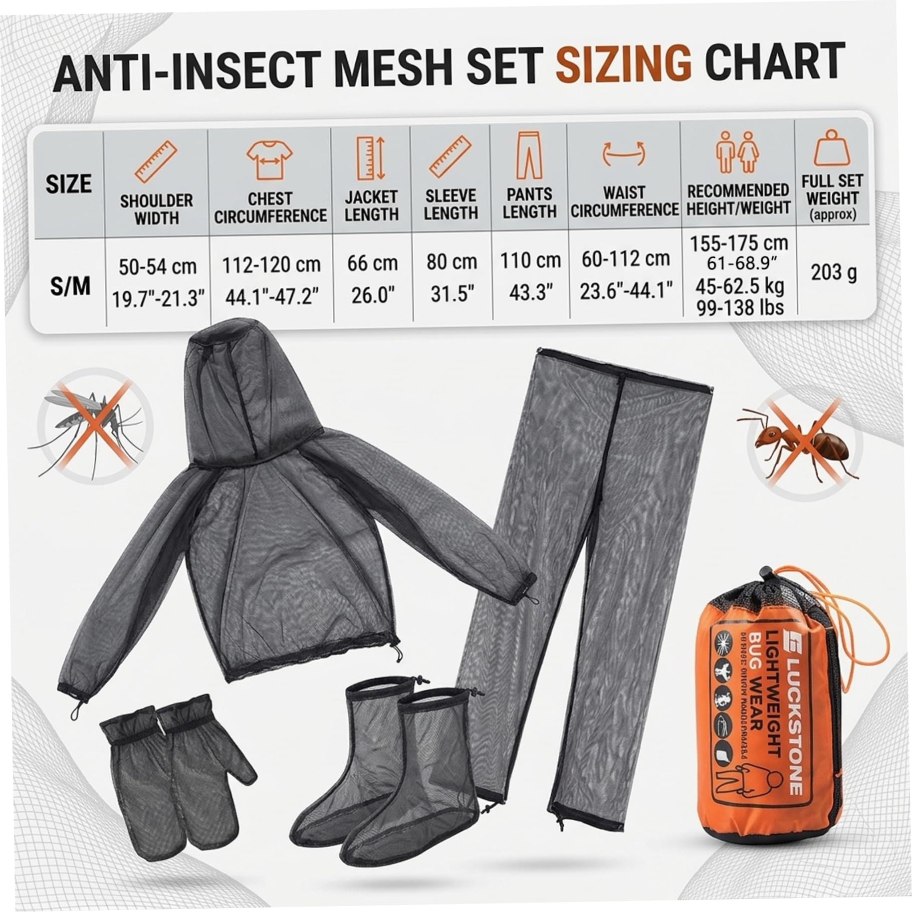 Combinaison Anti-moustiques à Couverture complète avec Poignets réglables, Ensemble de vêtements Anti-Abeilles pour Camping en Plein air, randonnée, pêche, Convient de 61 à 69 Pouces