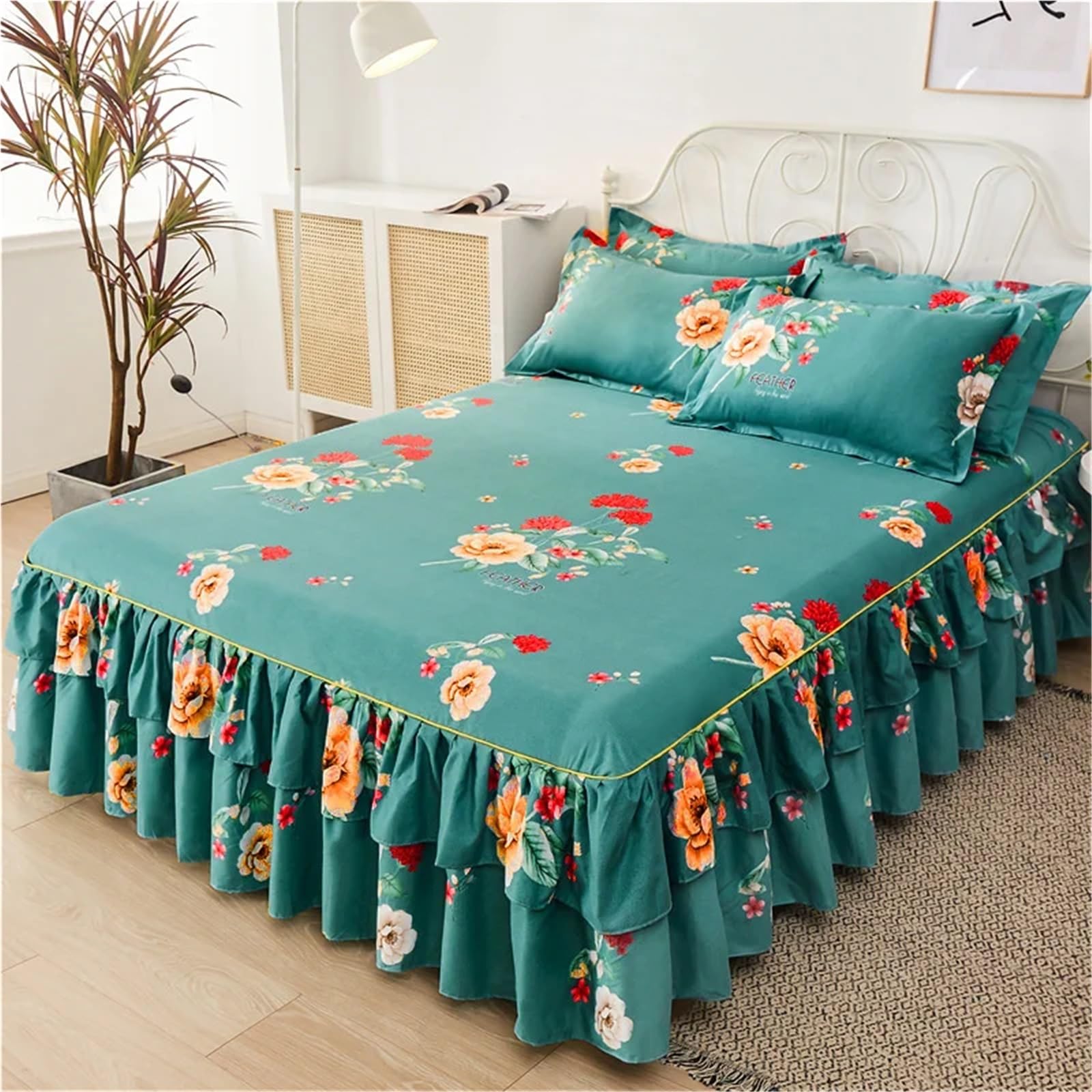 3pcs Bedding Simple Flower Bed Skirt With Pillowcases Wedding Bedspread Bed Sheet Mattress Cover(Color-09,3pcs 180x200cm)