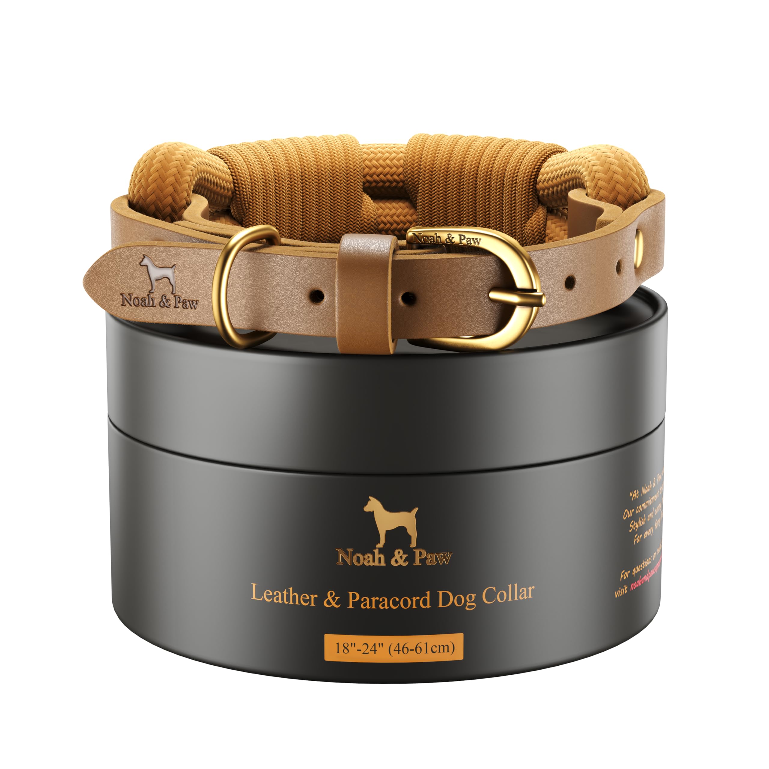 NOAH & PAW XL Dog Collar for Large Dogs, Genuine Leather Large Dog Collar with Paracord, Heavy Duty Metal Buckle, Unisex Colors for Girl and Boy, Neck Size 18"-24" (Camel).