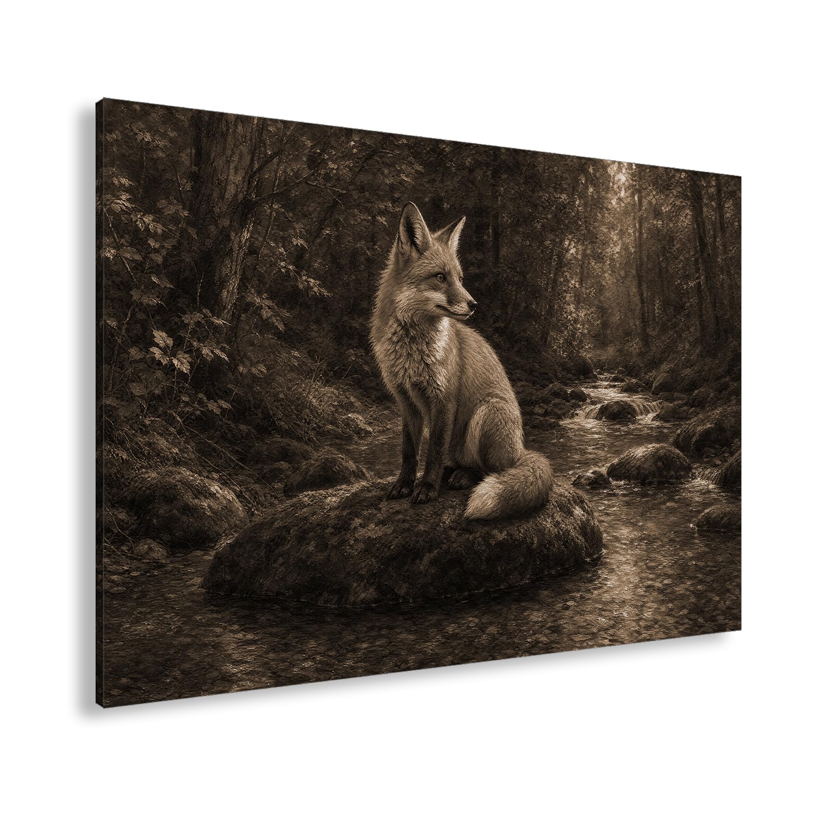 deyoli Obraz na płótnie lis siedzący na kamieniu w rzece lasu 70 x 50 cm Sepia