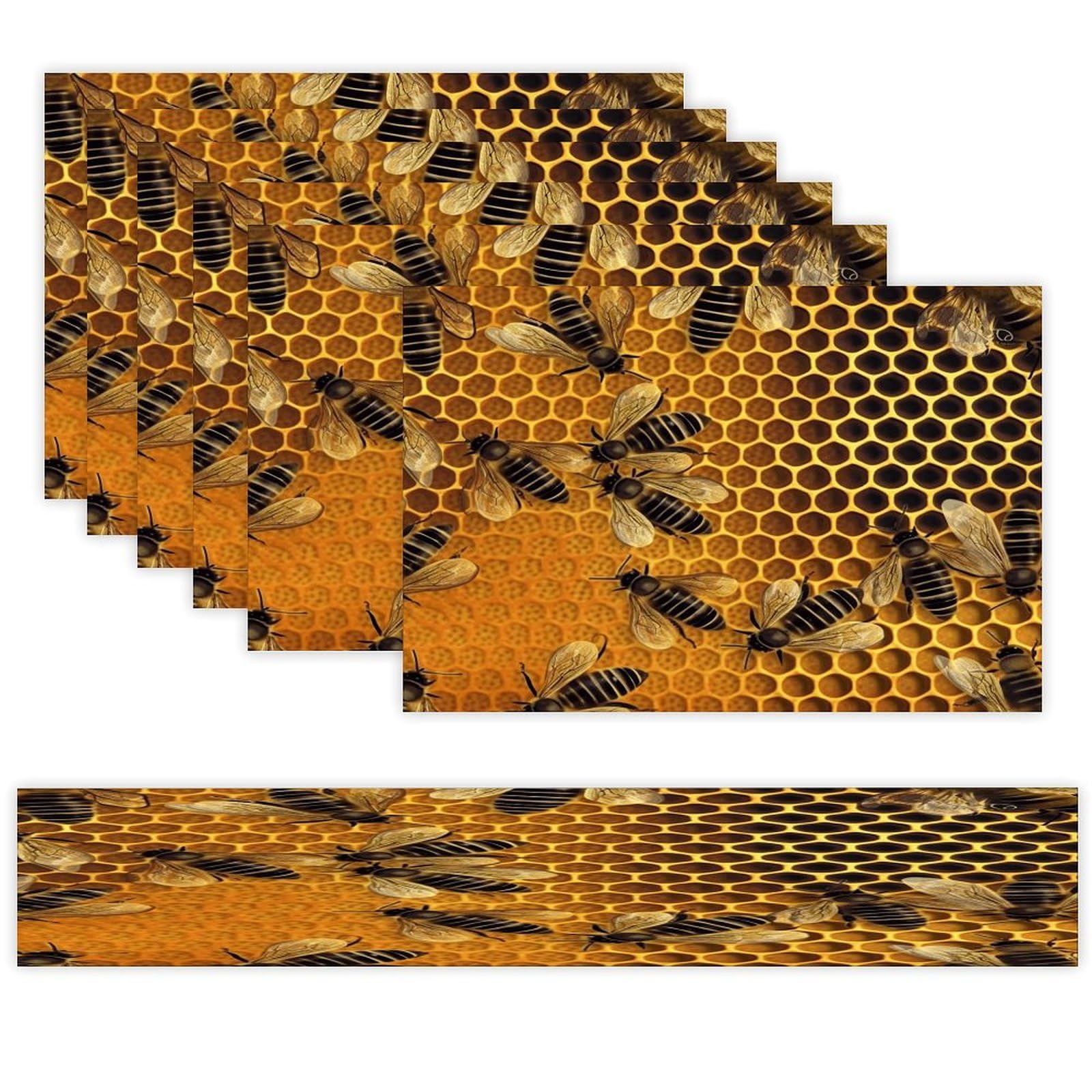 Bees on Hive Table Runner and Placemats of 6 Washable Heat Resistant Place Mats with Table Runner Vintage Holiday Table Mat Set for Holiday Party Kitchen Dining Deco