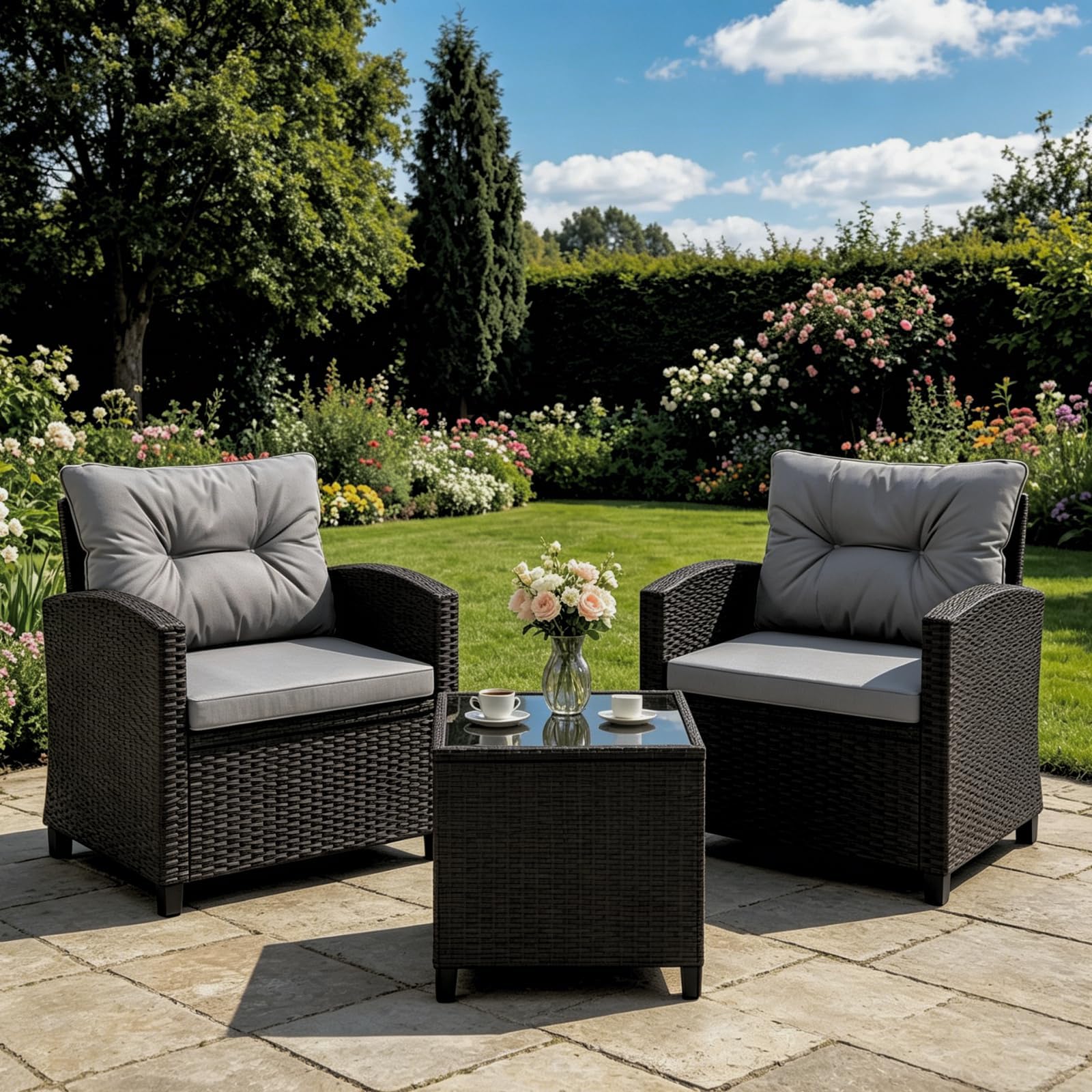 LIFEZEAL Salotto da Giardino in Rattan PE, Set 2 Divanetti con Cuscini Rimovibili e Tavolino Caffè, Grigio e Nero
