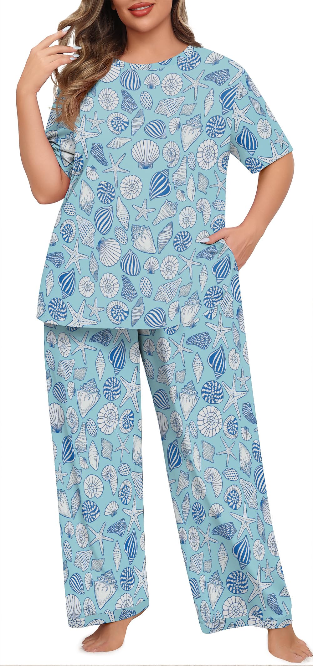 Lastshe Womens Plus Size Pajama Set 2 Piece Short Sleeve Pants Sleepwear Pjs Lounge Set Knit Soft with Pockets