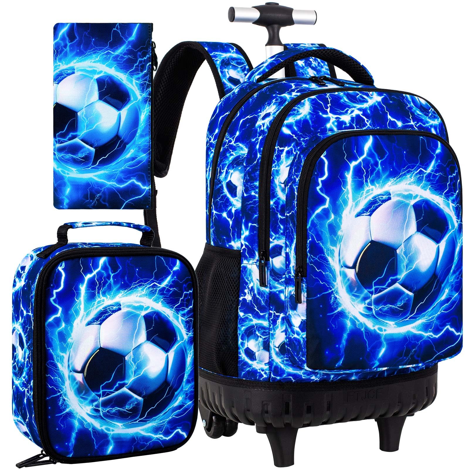 UFNDC 3PCS Rolling Backpack for Boys, Men Lightning Football Backpacks with Wheels，Water-Resistant Travel Roller Wheeled Bookbag