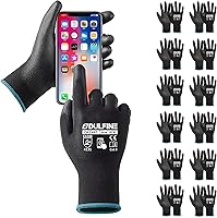 Vista 29 de DULFINE Guantes de trabajo de seguridad con revestimiento de poliuretano para hombres y mujeres - 12 pares, guante de punto sin costuras negro