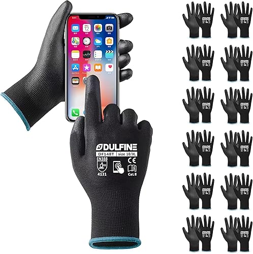 Vista 62 de Guantes de trabajo de seguridad con revestimiento de poliuretano, 12 pares, guantes de punto sin costuras azul con revestimiento de poliuretano