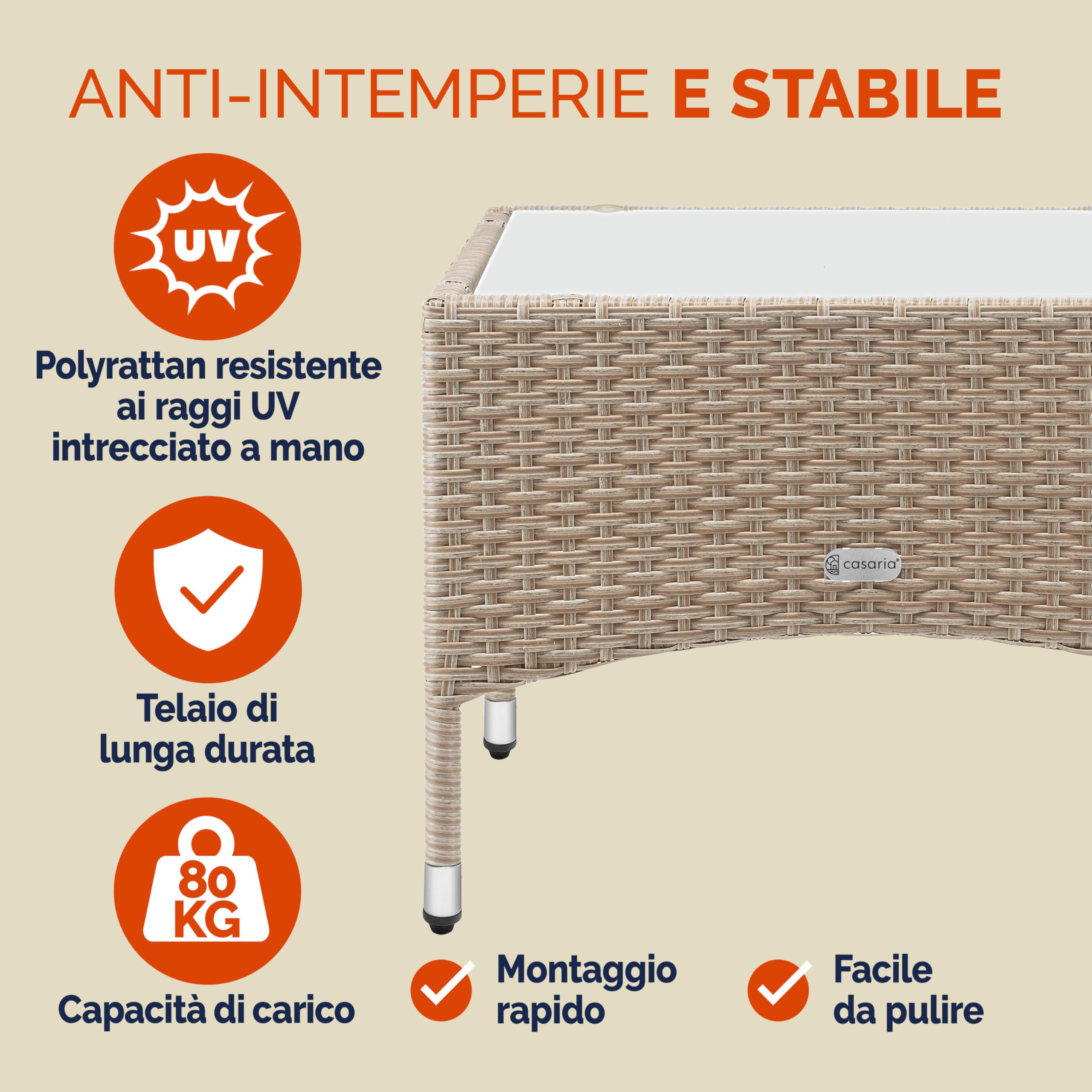 Casaria Tavolino da Giardino Esterno in Polyrattan 58x58x42cm Tavolo Basso da Caffè Quadrato Vetro