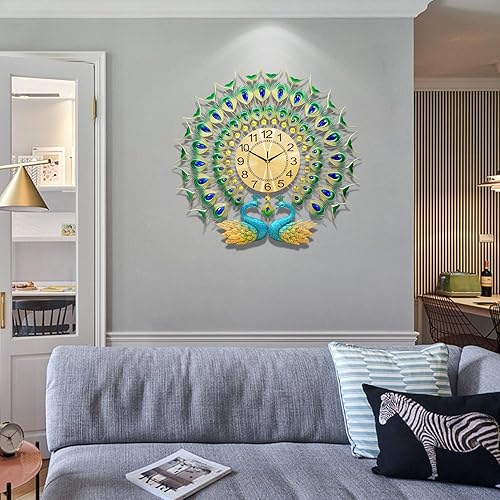 Miniatura 5 de Reloj de pared grande de pavo real de 27.6 pulgadas, sin tictac, cristal silencioso, personalidad creativa, arte moderno, relojes de pared