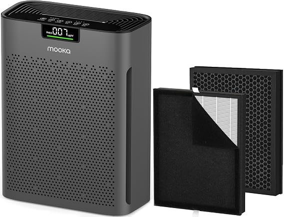 Air Purifier for Home Large Room 2200 Ft2 KJ190H Grey with 2-PACK Filter Replacement, MOOKA H13 True HEPA Air Purifiers Cleaner for Pets, Washable Filters, Auto Mode