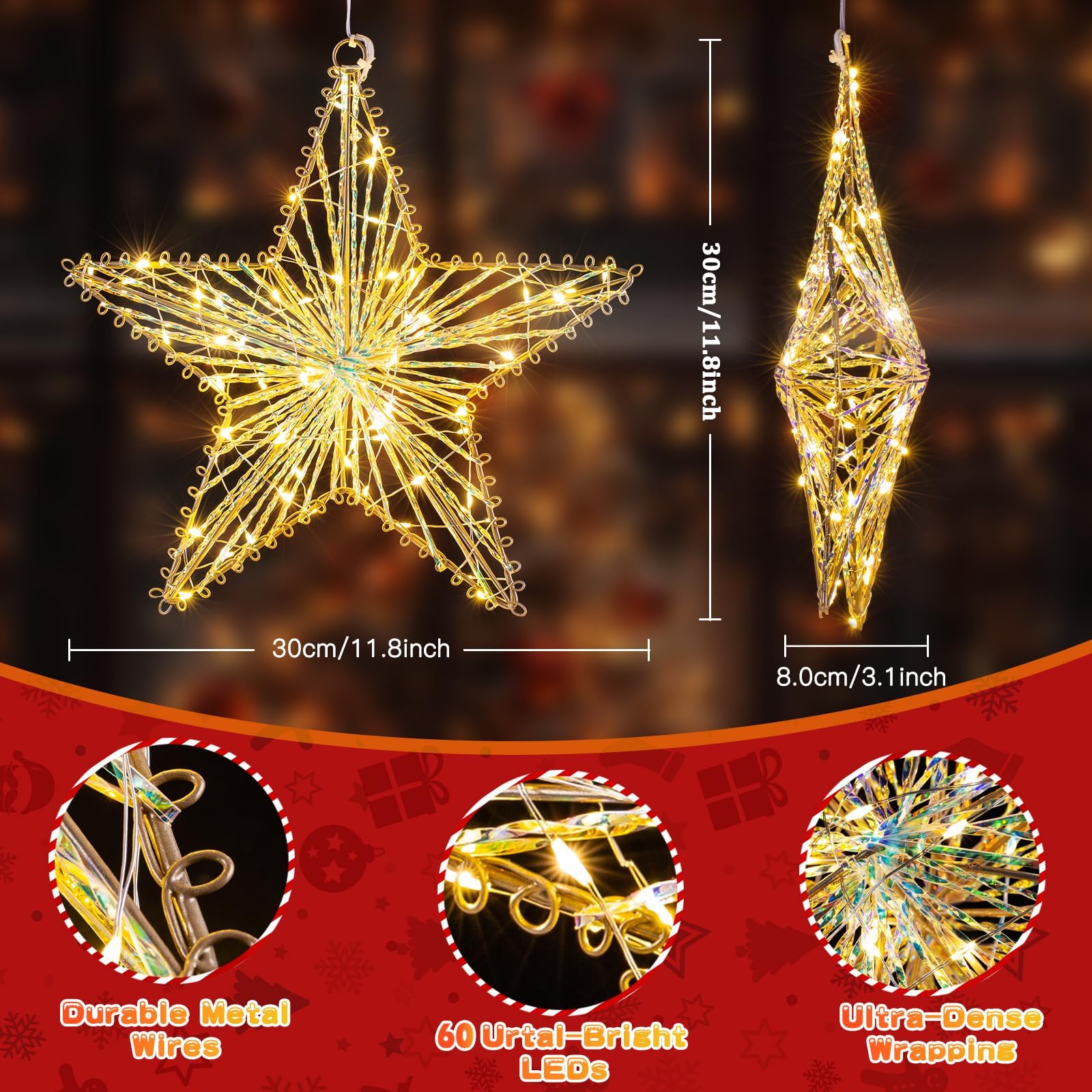 GlobaLink Estrella Interior Exterior, 2 Pc 60 LED Luces | Navidad Ventana por Batería Tridimensional Decoración Navidad Impermeable con Temporizador, 8 Modos
