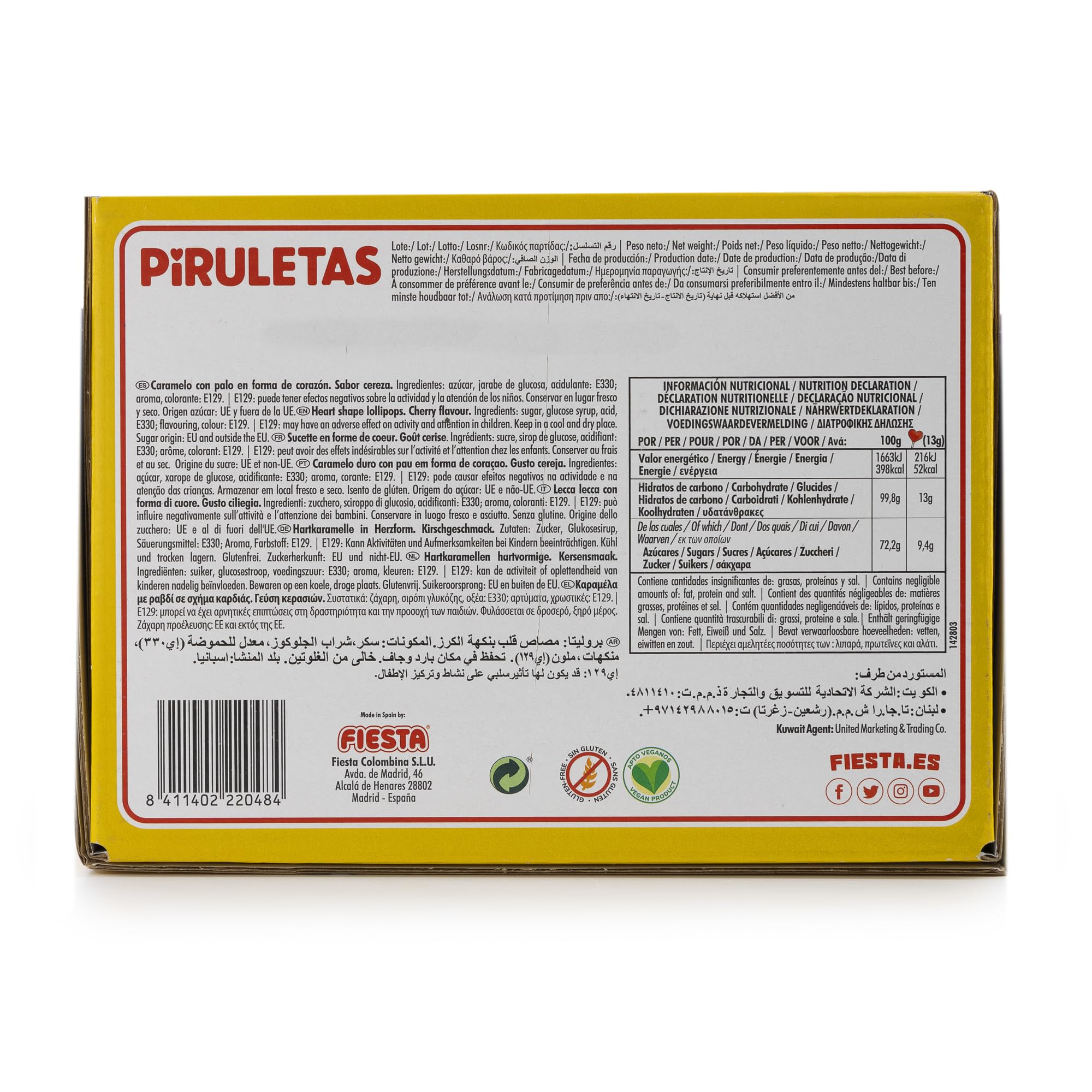 FIESTA Piruletas Caramelo Sabor Cereza Forma Corazón Caja 80 unidades
