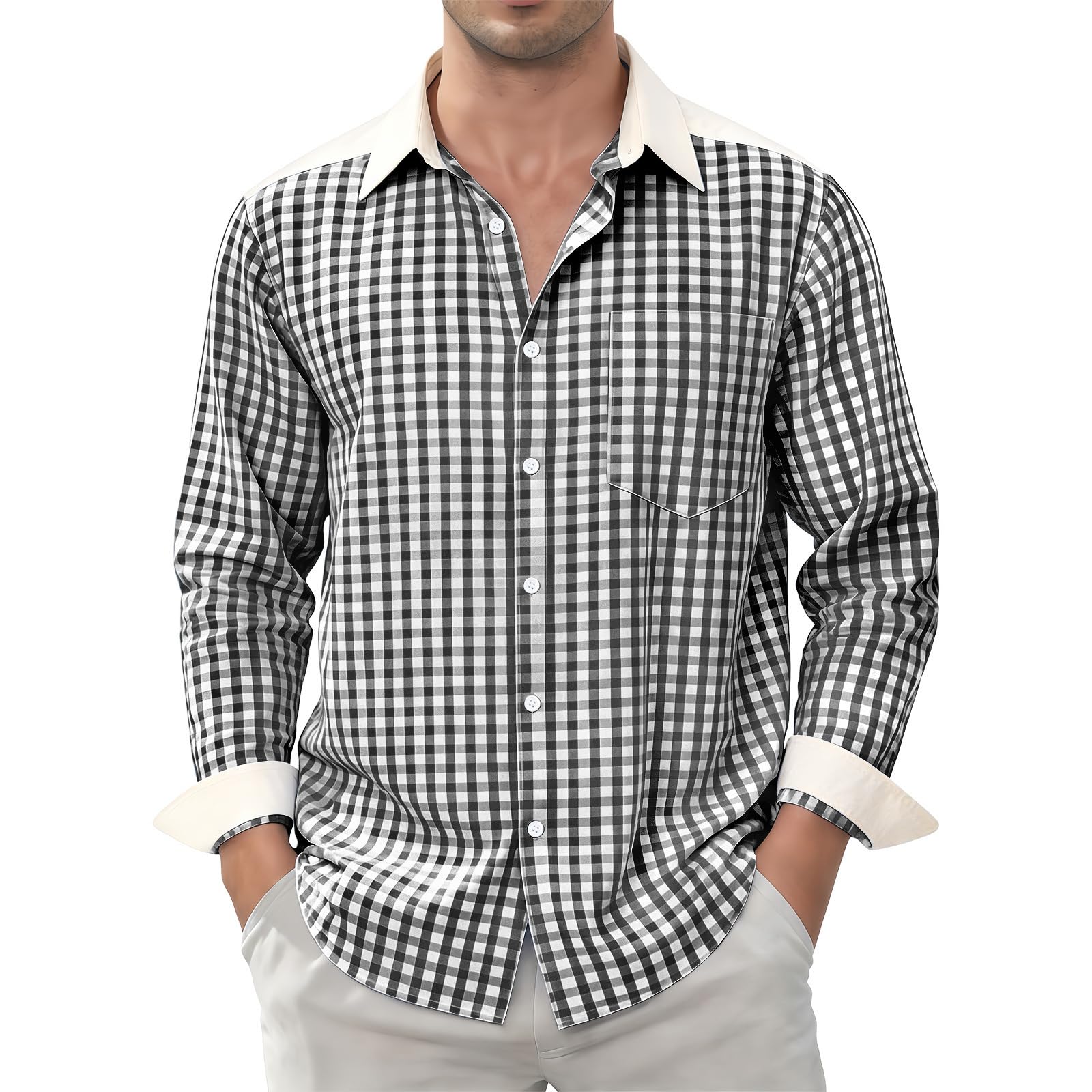 Men's Shirt Long Sleeve Cotton Shirts Regular Fit Checked Shirt with Pocket