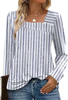 OFEFAN Women's Long Sleeve Asymmetric Square Neck Tunic Top with Decorative Buttons - Fall Casual Blouse