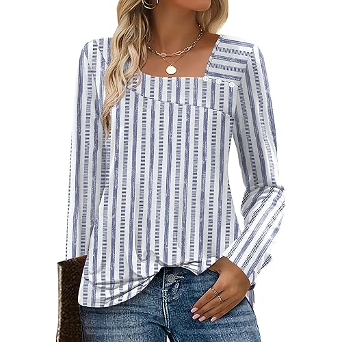 OFEEFAN Long Sleeve Shirts for Women Fall Clothes Asymmetric Square Neck Tunic Tops Decorative Buttons