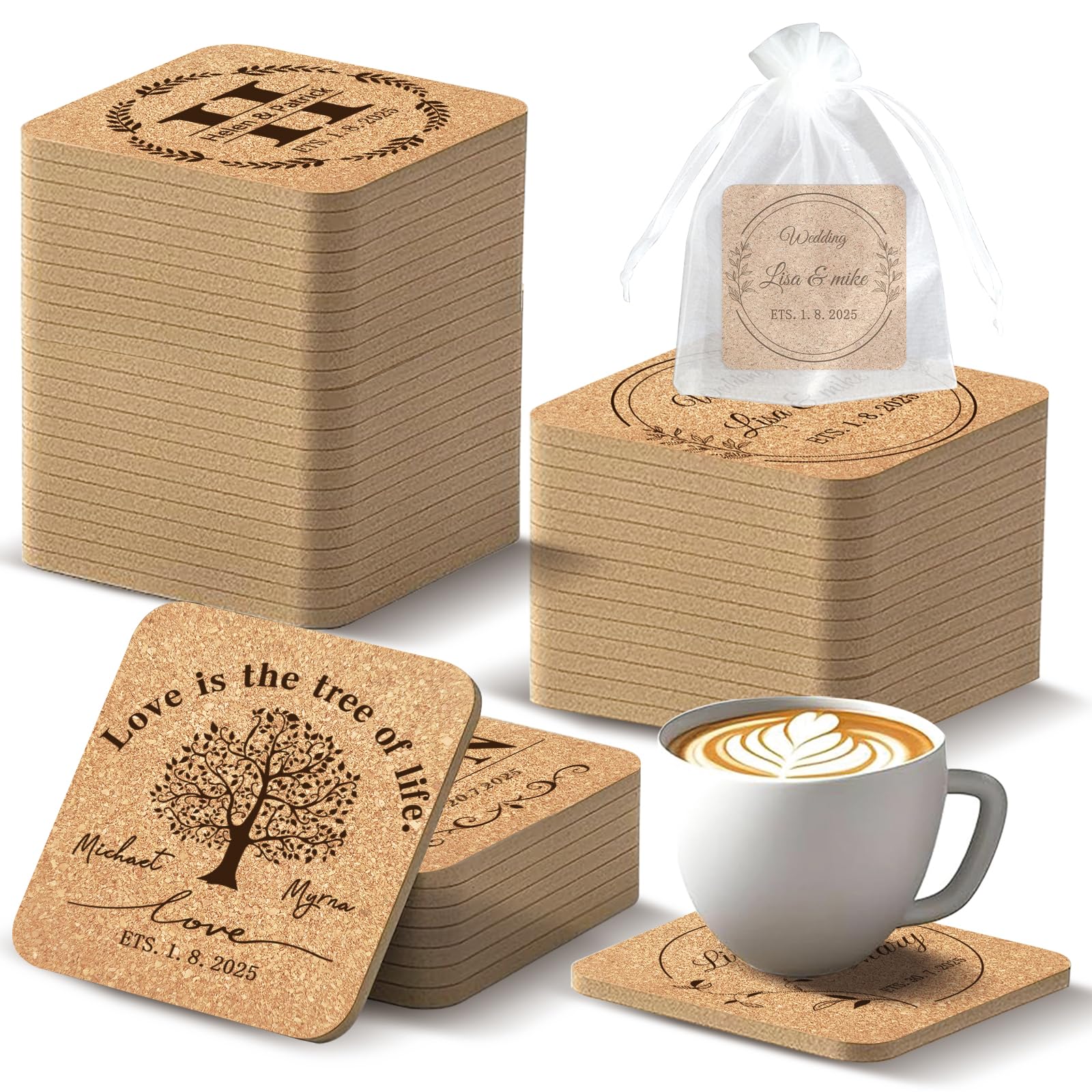 Custom Cork Coasters Bulk with Logo Wedding Personalized Natural Wood Engraved Drink for Wedding Favors