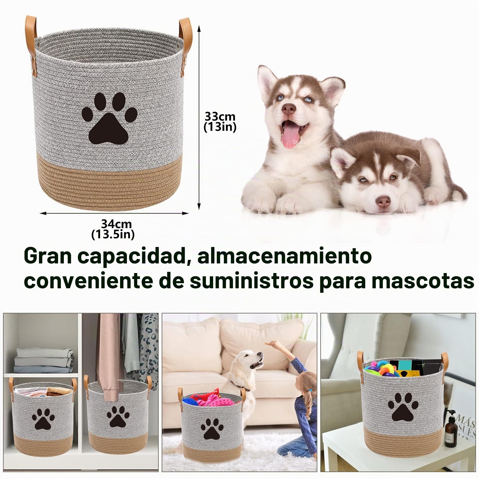 MOREZI canasta redonda grande para juguetes para mascotas, adecuada para guardar juguetes para perros y otros suministros para mascotas-Gris/Caqui