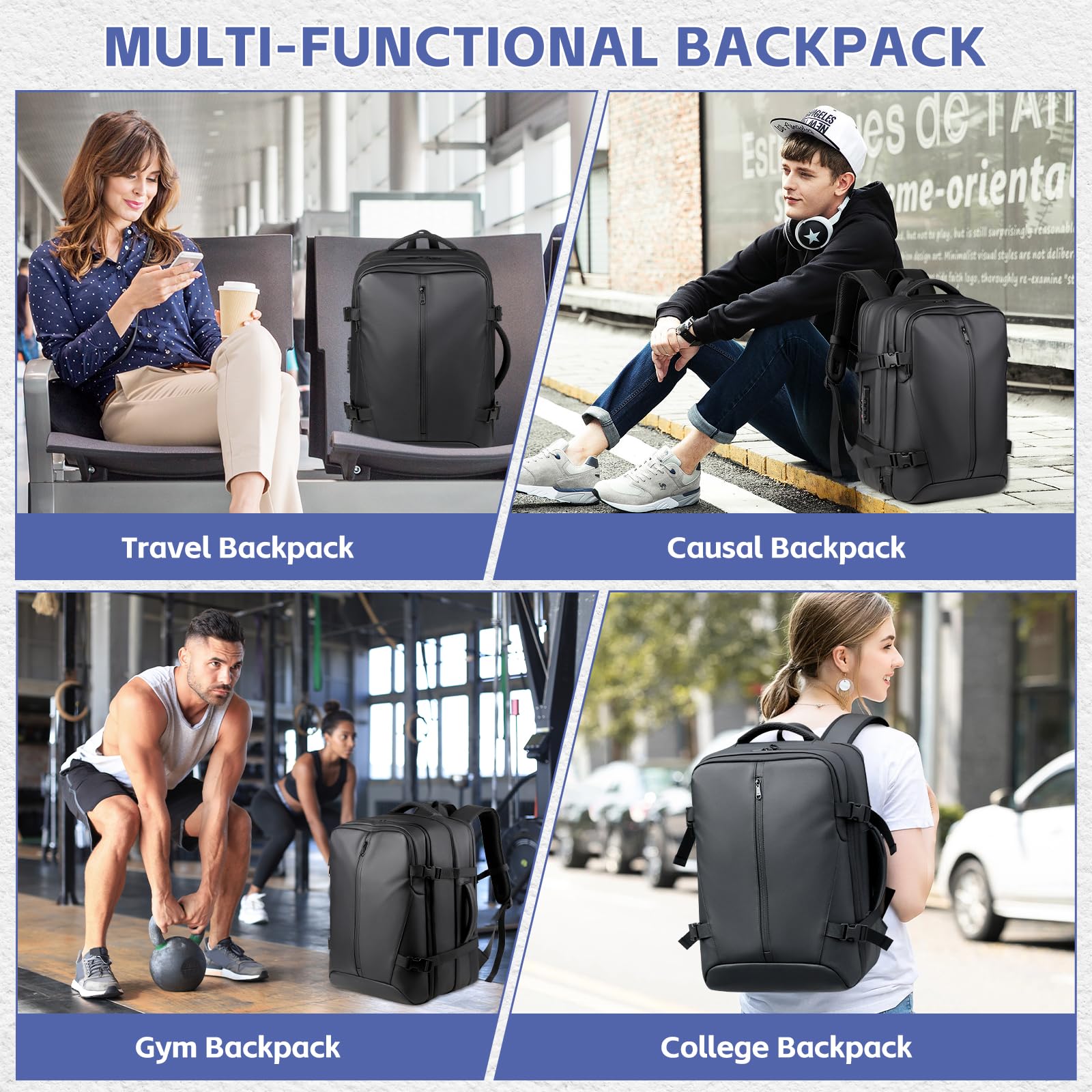 Sac à dos de voyage sous vide avec pompe, compression par airbag, extensible de 36 à 60 L, compatible avec les bagages à main, antivol TSA, pour trekking, travail, pour femmes et hommes, noir