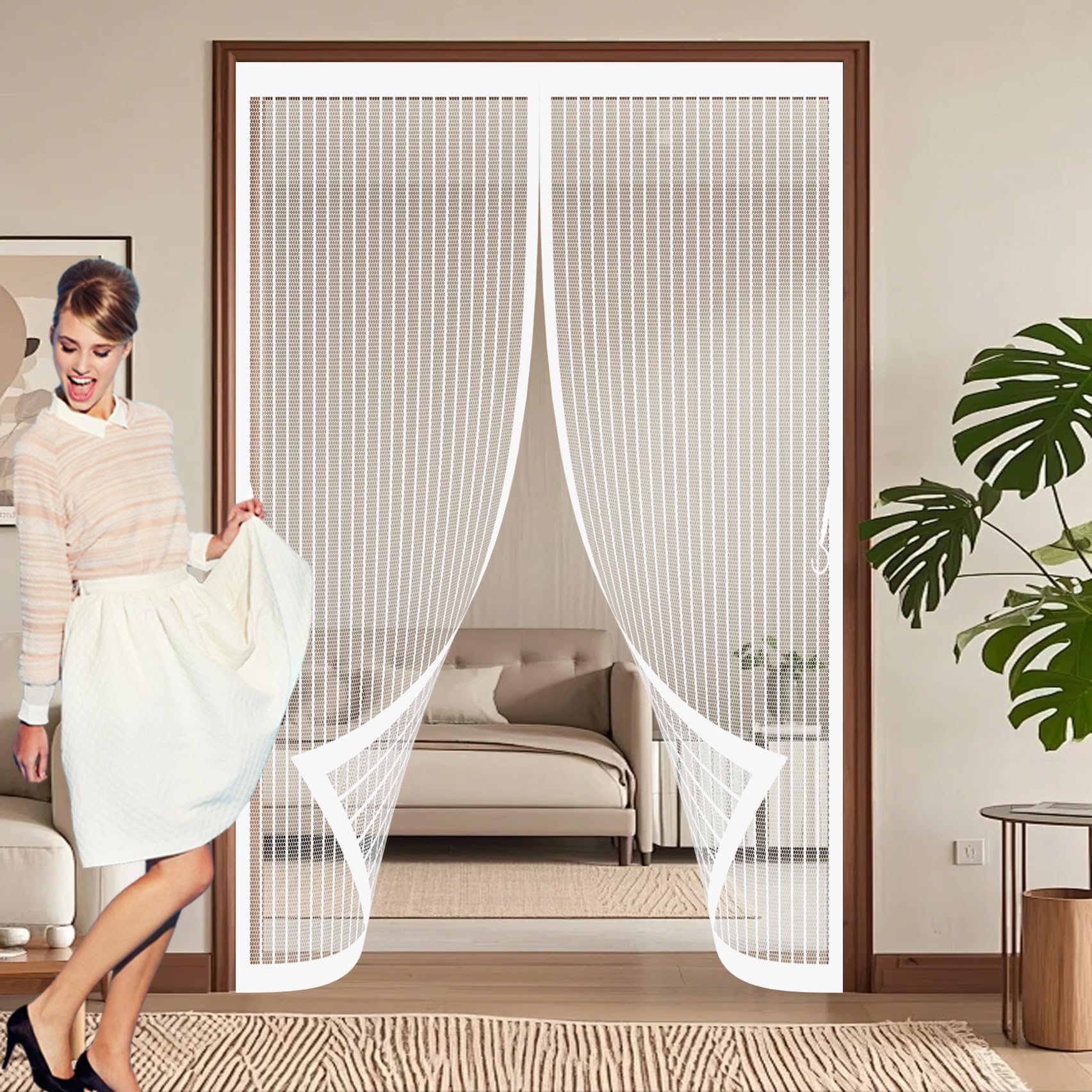 Xueqxue White Magnetic Fly Screen Door 145 X 216 Cm Automatically Close, No Gap, Easy To Install Without Drilling, Keep Bugs Out Lets Fresh Air In Mosquito Double Door For Patio Doors Balcony,