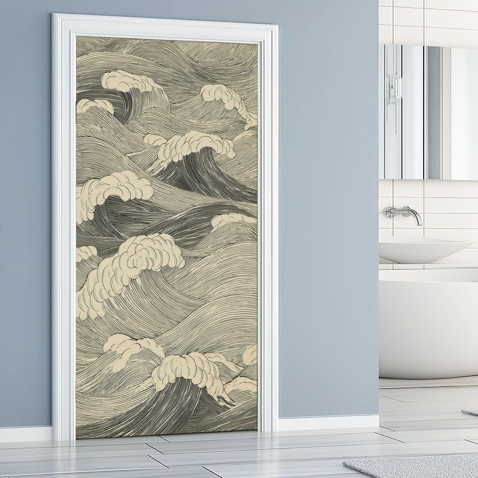 Naklejka 3D na drzwi w stylu vintage, fale, samoprzylepna, abstrakcyjne fale linie, trwały i wodoszczelny, plakat, folia na drzwi, fototapeta, beżowa, zdejmowana winylowa naklejka na drzwi, 77 x 200
