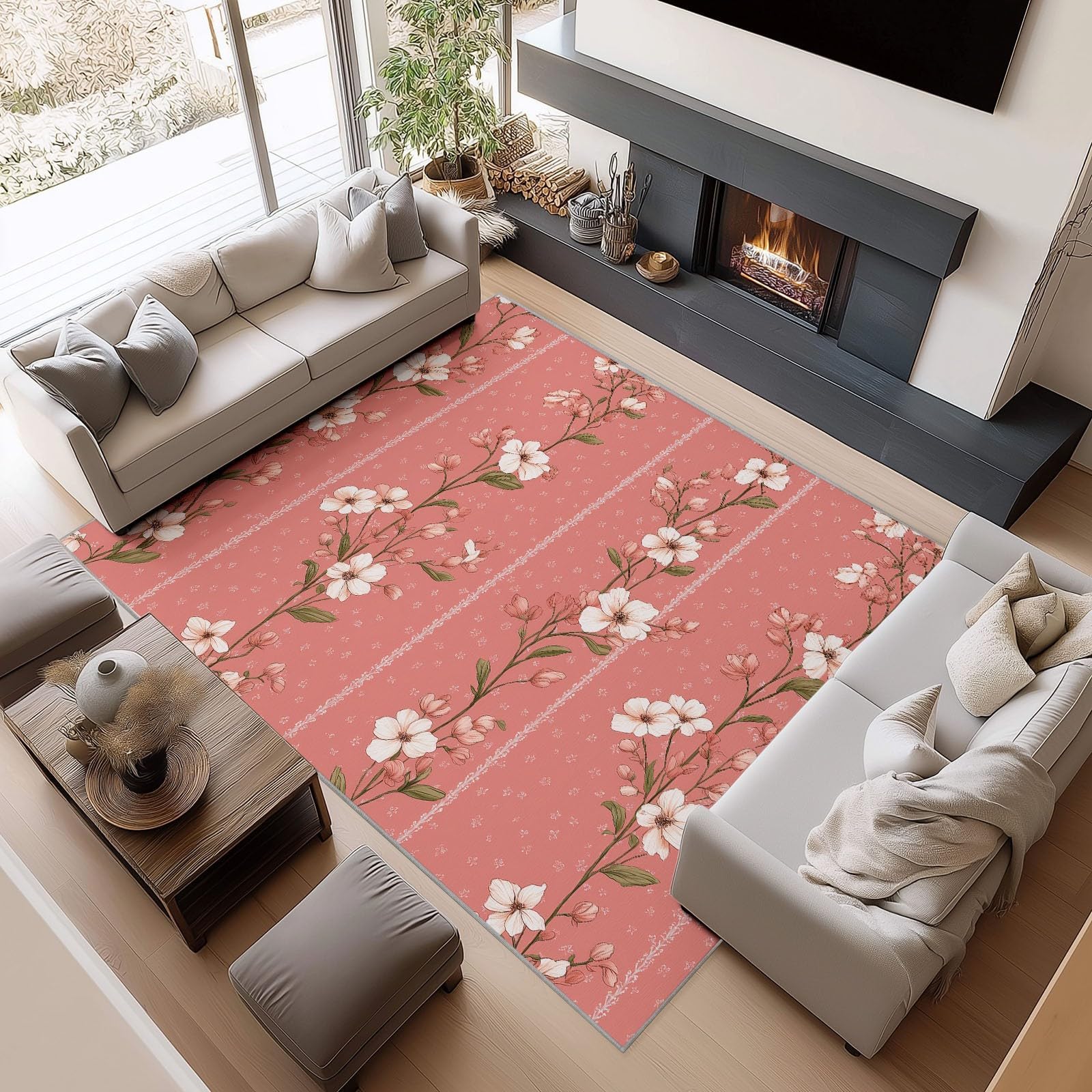 Tapis floral champêtre rose lavable 80x150 antidérapant