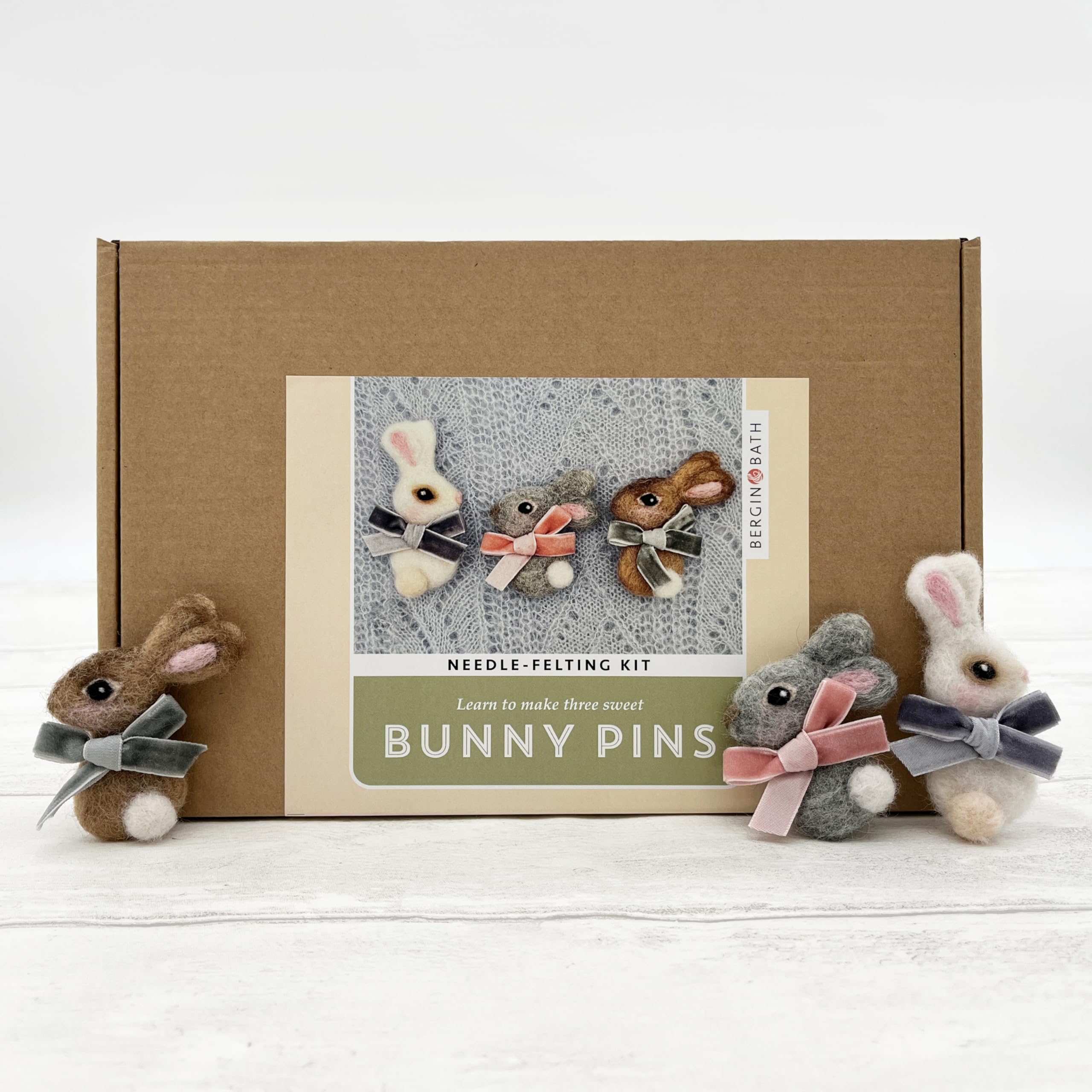Bergin & Bath Needle Felting Kit, Bunny Pins. Make Three Sweet Bunny Rabbit brooches Using a Simple Flat Felting Technique. Craft kit for Adults.