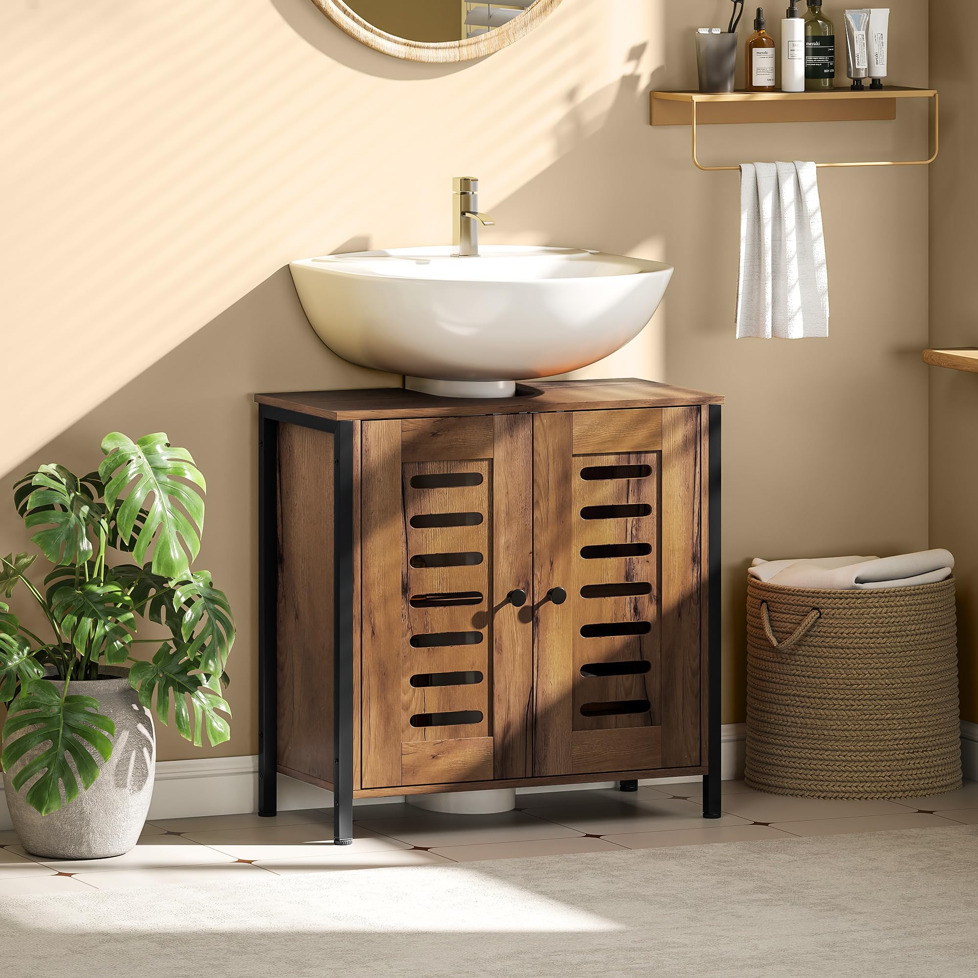 HOMCOM Mueble Bajo Lavabo Industrial con 2 Puertas de Lamas y Cierre Magnético, Estante Regulable, para Lavabos sin Pedestal, Mueble de Baño 60x30x60 cm Marrón Rústico