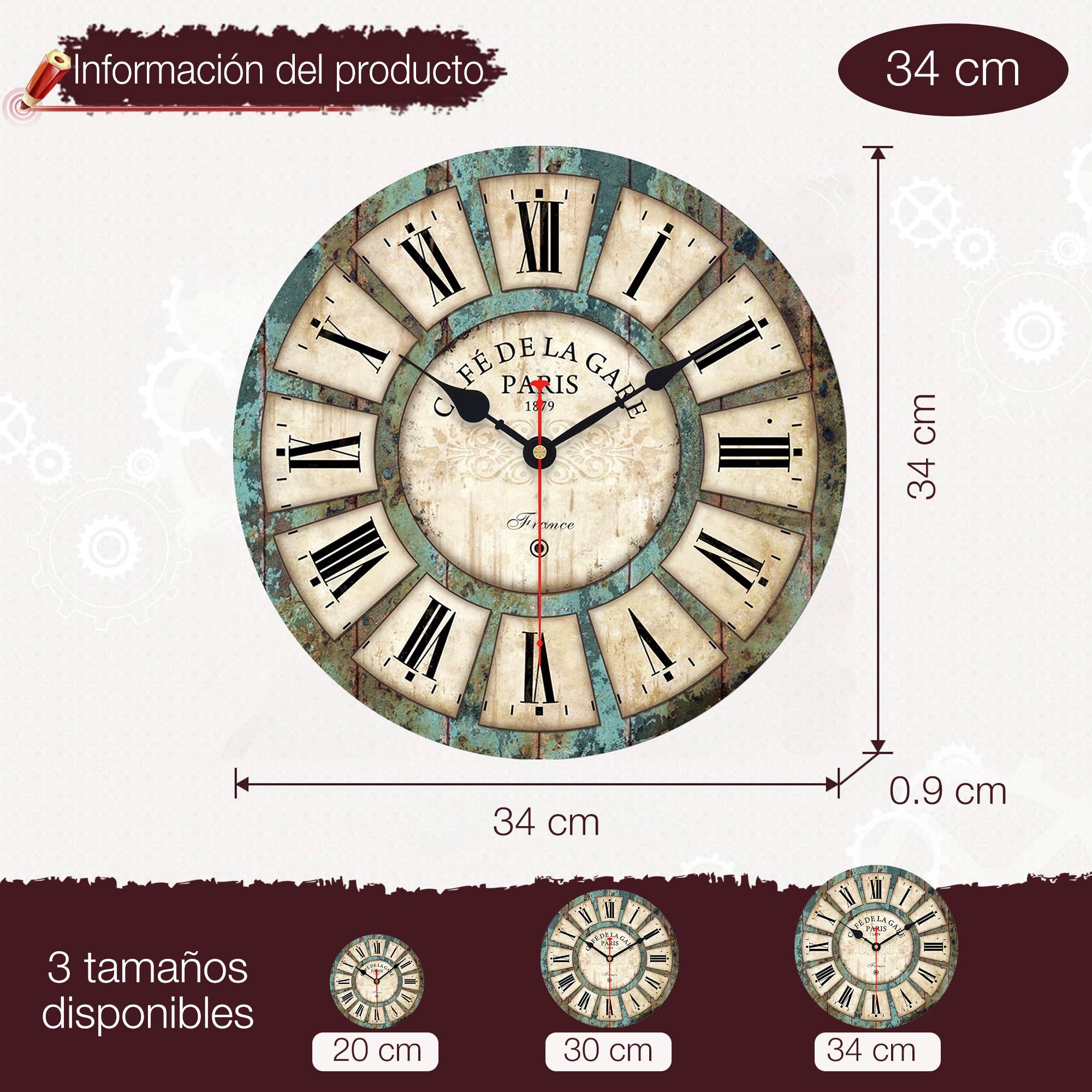VIKMARI Reloj de Pared 34cm Silencioso, Madera Rústica para Salón Comedor | Motor silencioso de cuarzo sin tictac. Diseño rústico con números romanos en madera MDF, ideal para tu salón o comedor.