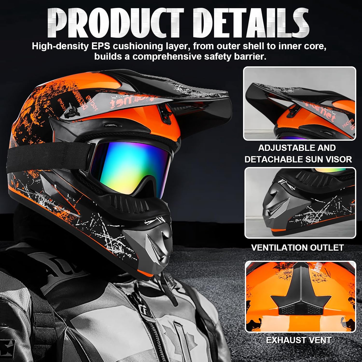 Full Face Dirt Bike Helmet DOT Certified - Complete Adult ATV Helmet Kit with Goggles, Gloves & Mask, Adjustable Visor, Quick Release
