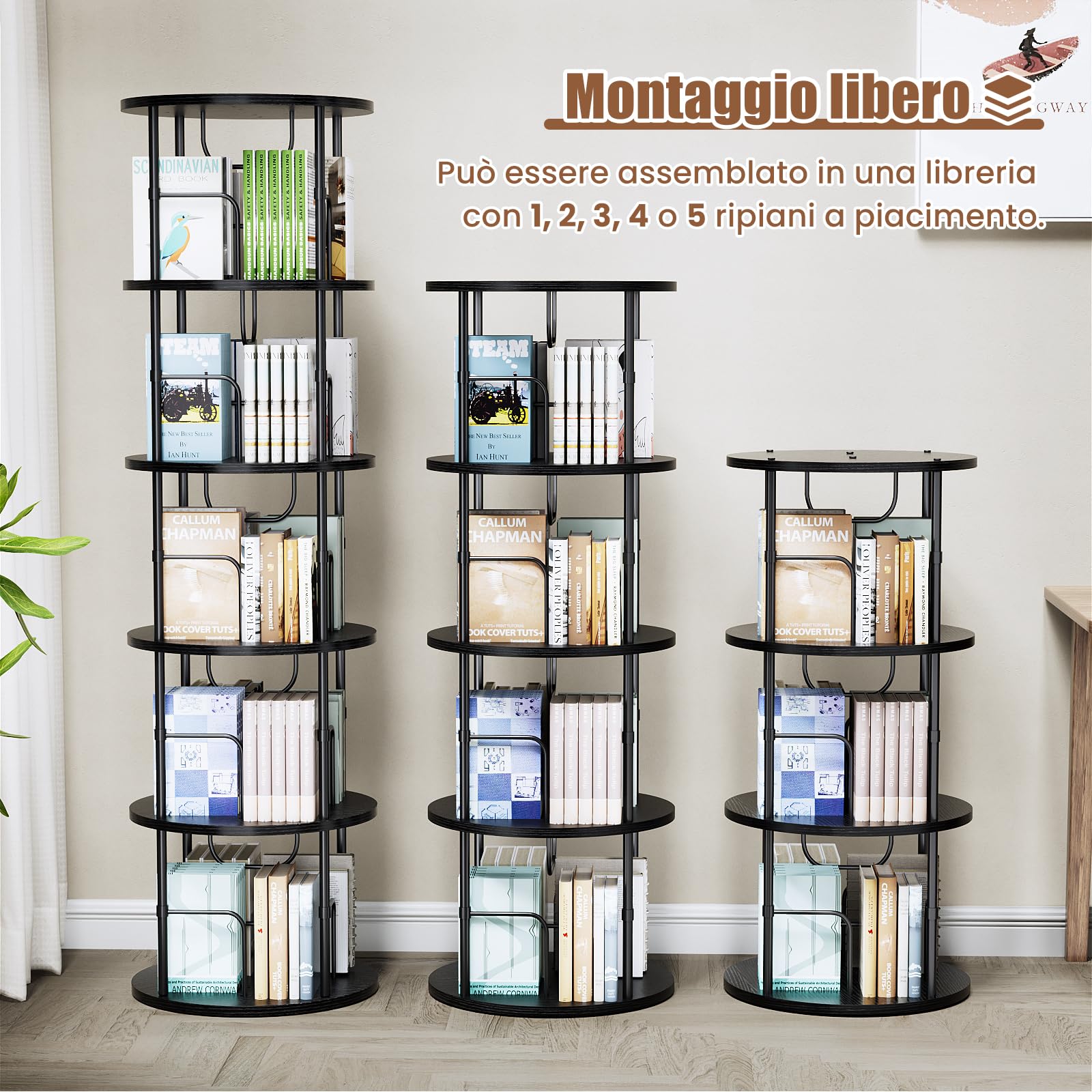 Libreria Girevole a 360° in Legno - 4 Ripiani Regolabili, Scaffale Verticale Portaoggetti per Uffici e Soggiorni, 45×45×129 cm, Nero