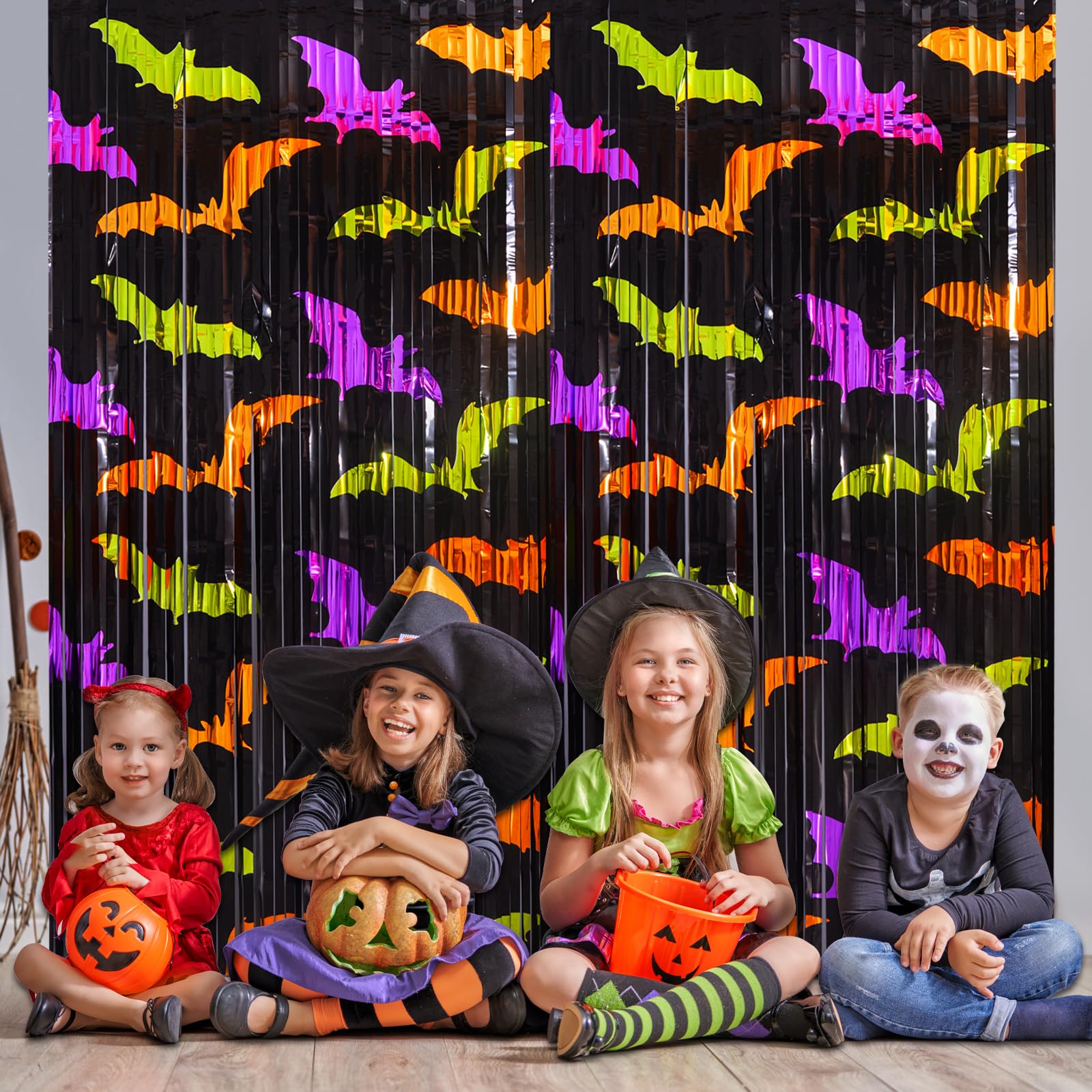 Mega-L Dekoracje na imprezę halloweenową 2 szt. Zielony pomarańczowy fioletowy wzór nietoperza rekwizyty do budki fotograficznej, 3,3 x 2 m Halloween foliowe zasłony z frędzlami, Halloween tło do