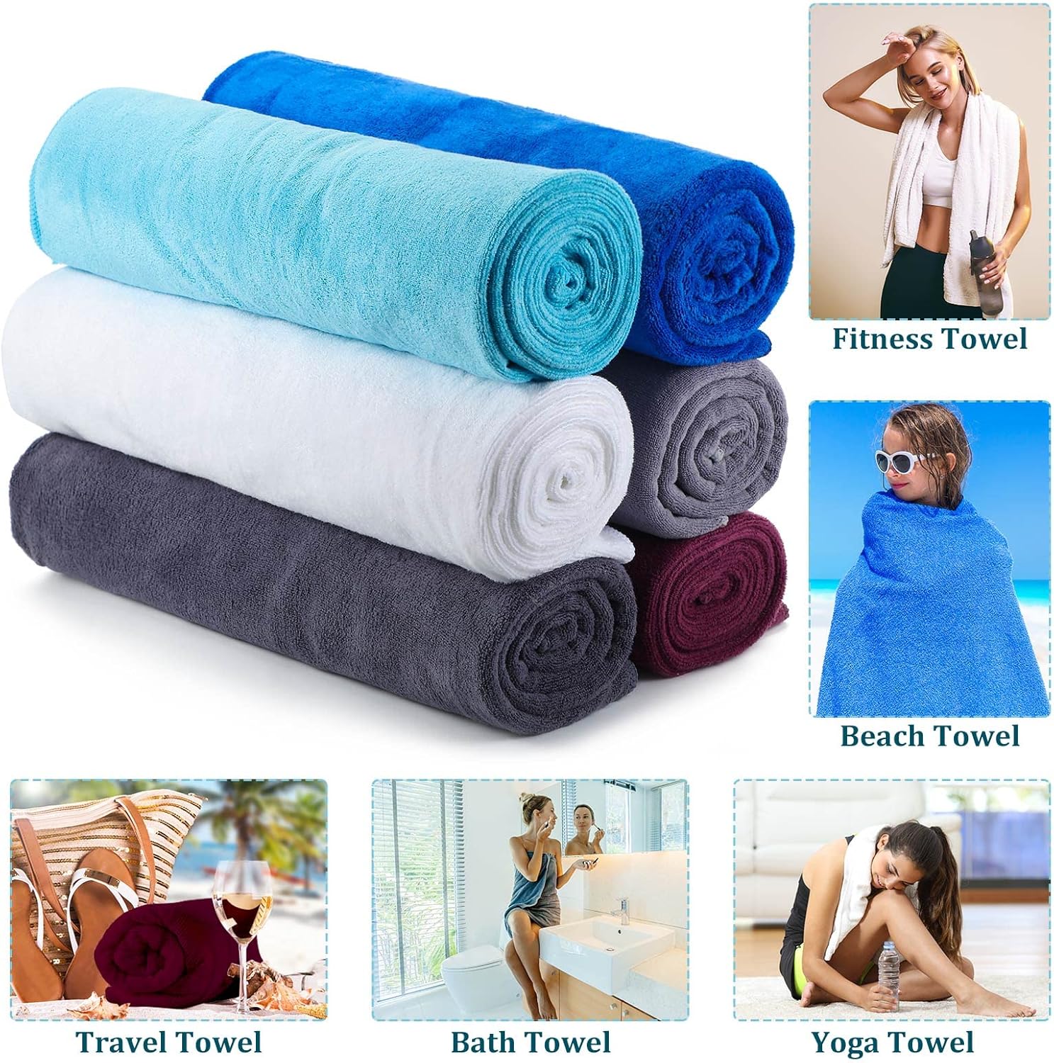 6 Pcs Microfiber Bath Towel(30 x 60), Quick Drying, Oversized, Soft, Very Absorbent and Extra Large Fitness Towel Fast Drying Washcloth for Bath Fitness, Bathroom, Sports, Yoga, Travel, Pool, Beach