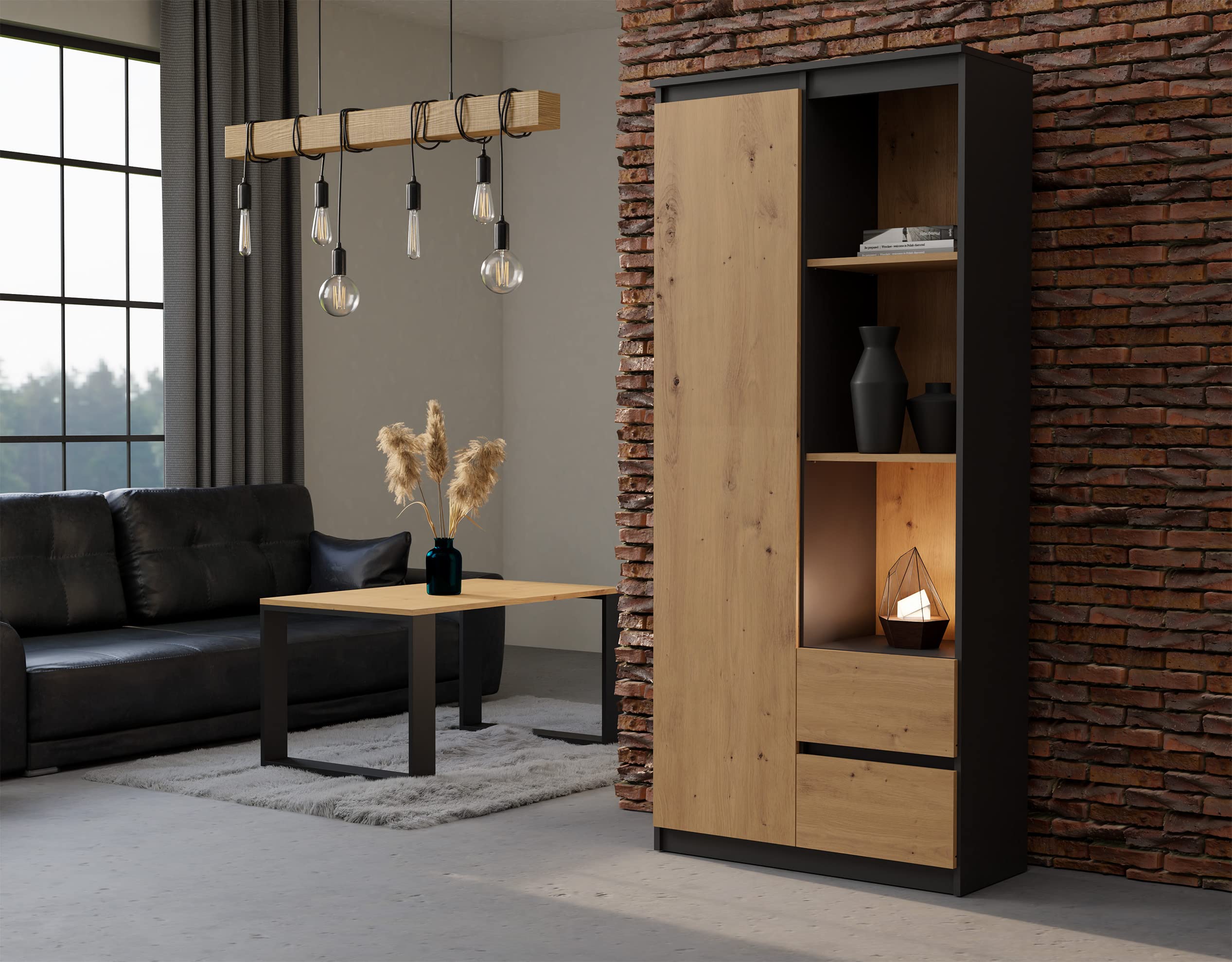 CDF Regal Bücherregal 80 cm modern mit 7 offenen Fächern Zwei Schubladen teils geschlossenen Bereichen stabile 16-mm Konstruktion für Wohnzimmer Büro Arbeitszimmer - Anthrazit/Eiche Artisan