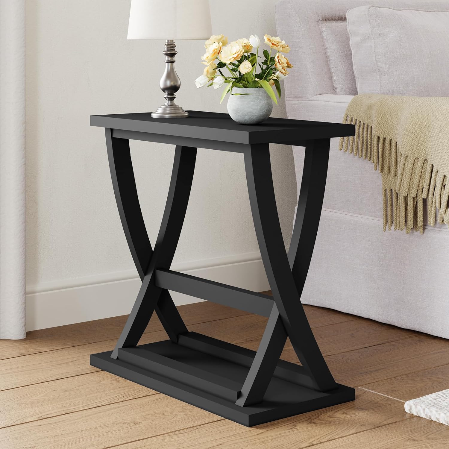 ChooChoo Black End Table, Narrow Side Table with Storage Shelf, Modern X-Design Slim End Table for Living Room,Bedroom, Small Space, 11.8" D*23.6" W*23.4" D. Black 1