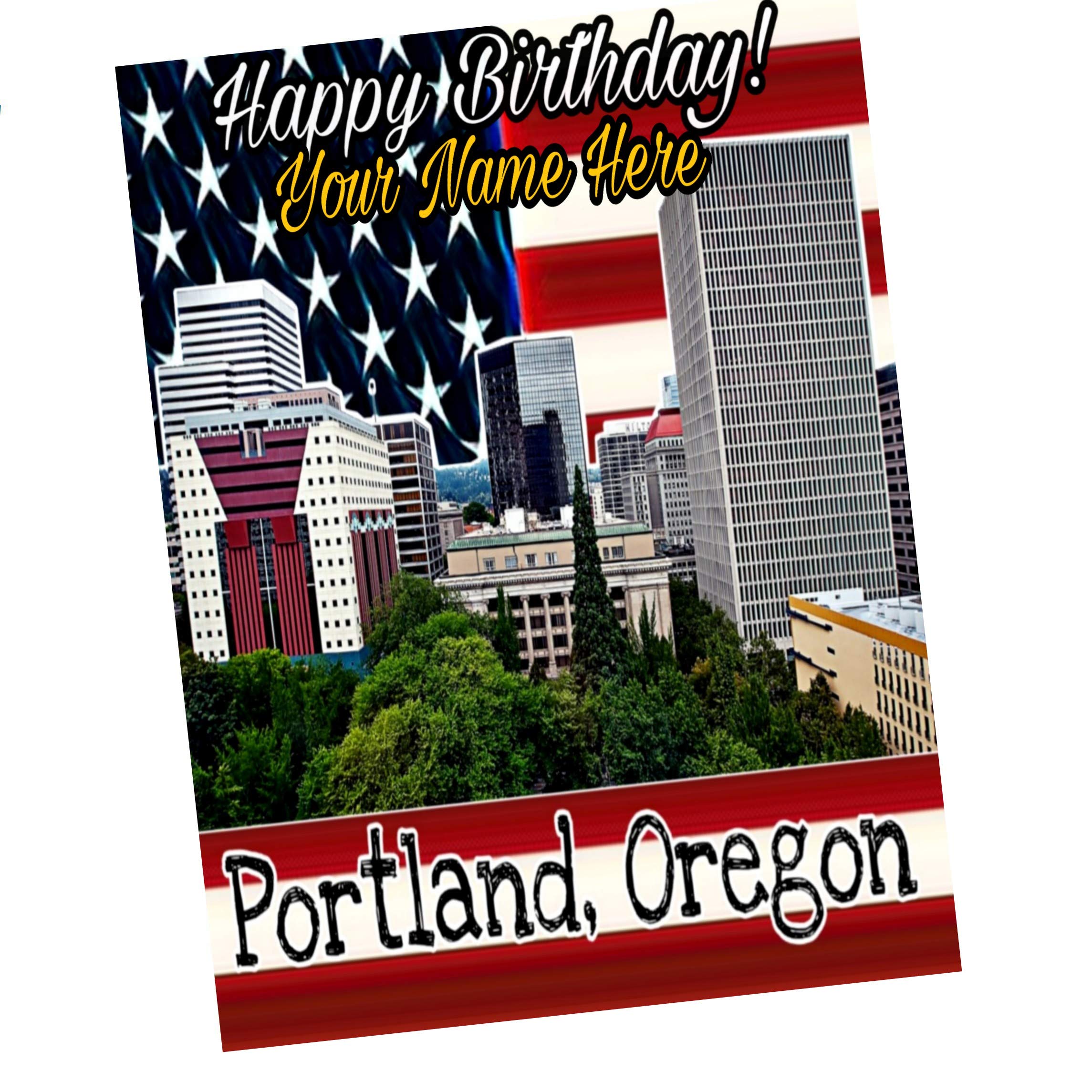 Portland Oregon Skyline American Flag Personalised Birthday Card