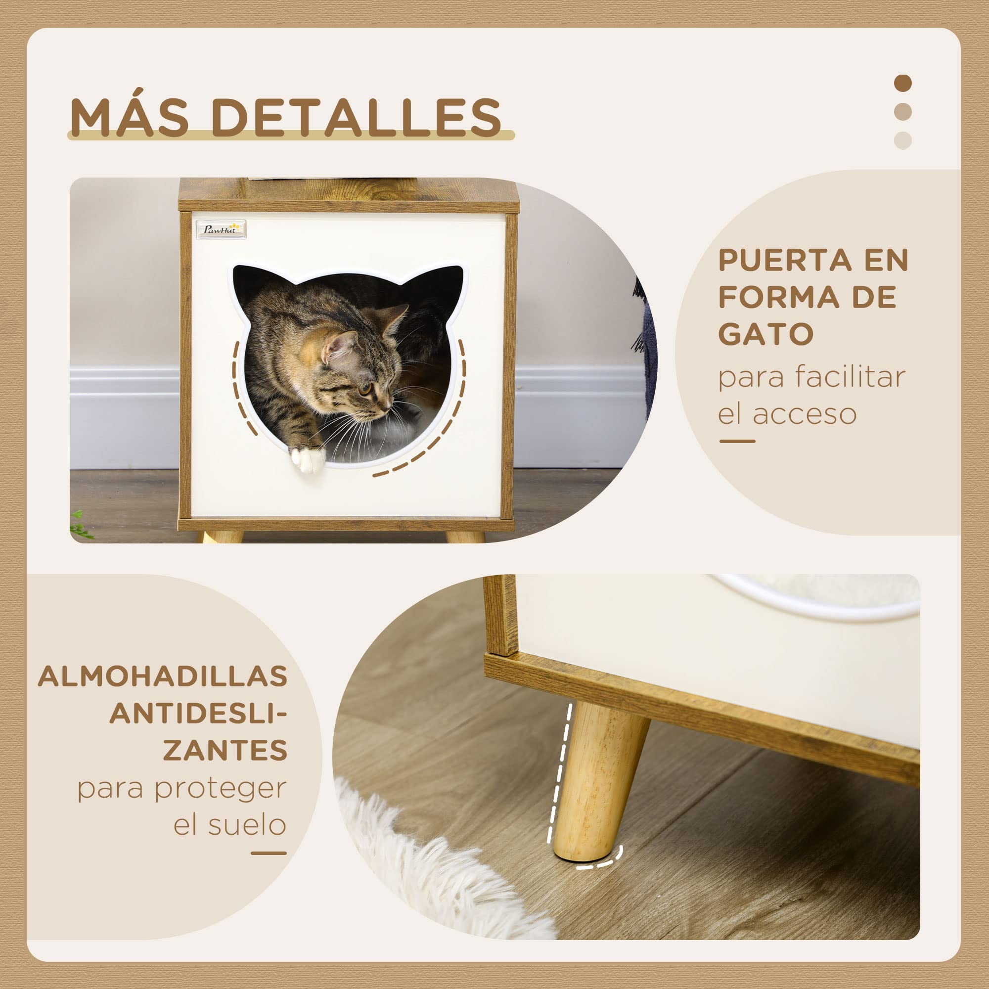 Pawhut - Casa interior para gatos de madera, con cojín lavable y patas elevadas, 34 x 34 x 44,5 cm, color marrón