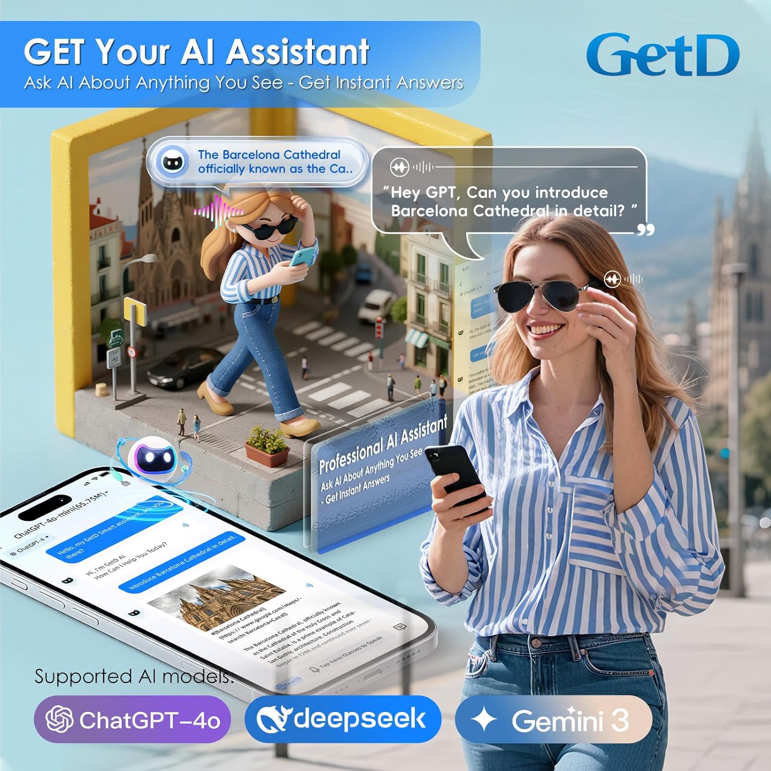 GetD Aviator Smart Glasses for Men Women, AI Translation with ChatGPT for 145 Languages, Bluetooth Polarized Pilot Sunglasses, Hands-Free Calls & 11H Music for Driving Travel, Includes 2 Extra Temples